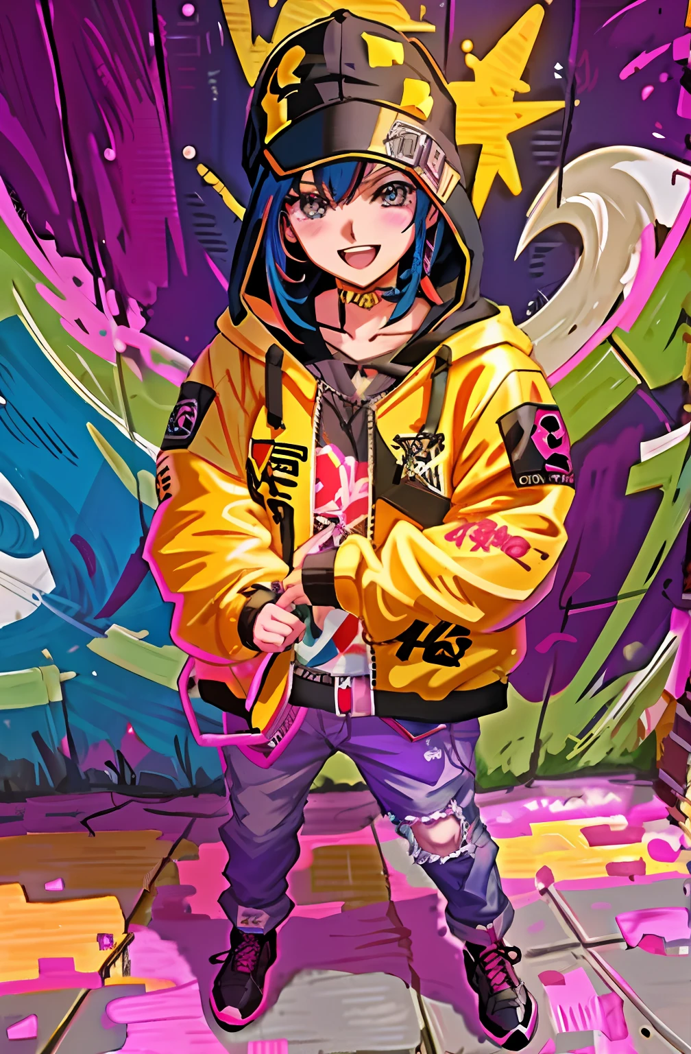 Anime style 4K graffiti wall, 8K anime moe art style, bad guy anime, anime art style, high quality anime art style, city girl fandom, 3D anime style characters, Guvez art style, cyberpunk anime girl hoodie, 8K anime wallpaper.