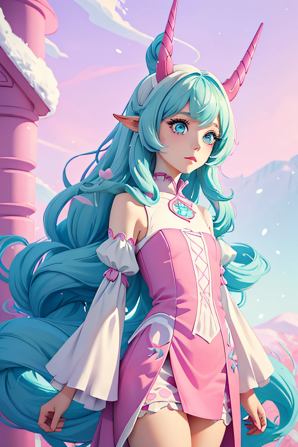 Unicorn, (monster girl), snow-white skin, pale blue eyes, long curly hair with streaks of pastel cyan and pink, long curly tail with streaks of pastel cyan and pink, long deep violet horn, wearing beautiful modest clothing