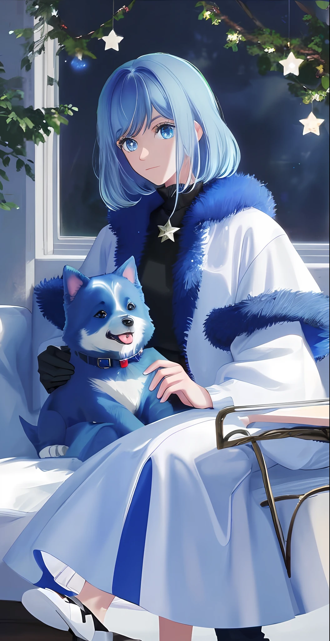 Dog, 1dog, small dog, blue fur, short blue fur, blue eyes, stars in eyes, white stars in eyes, white stars in blue eyes, sitting