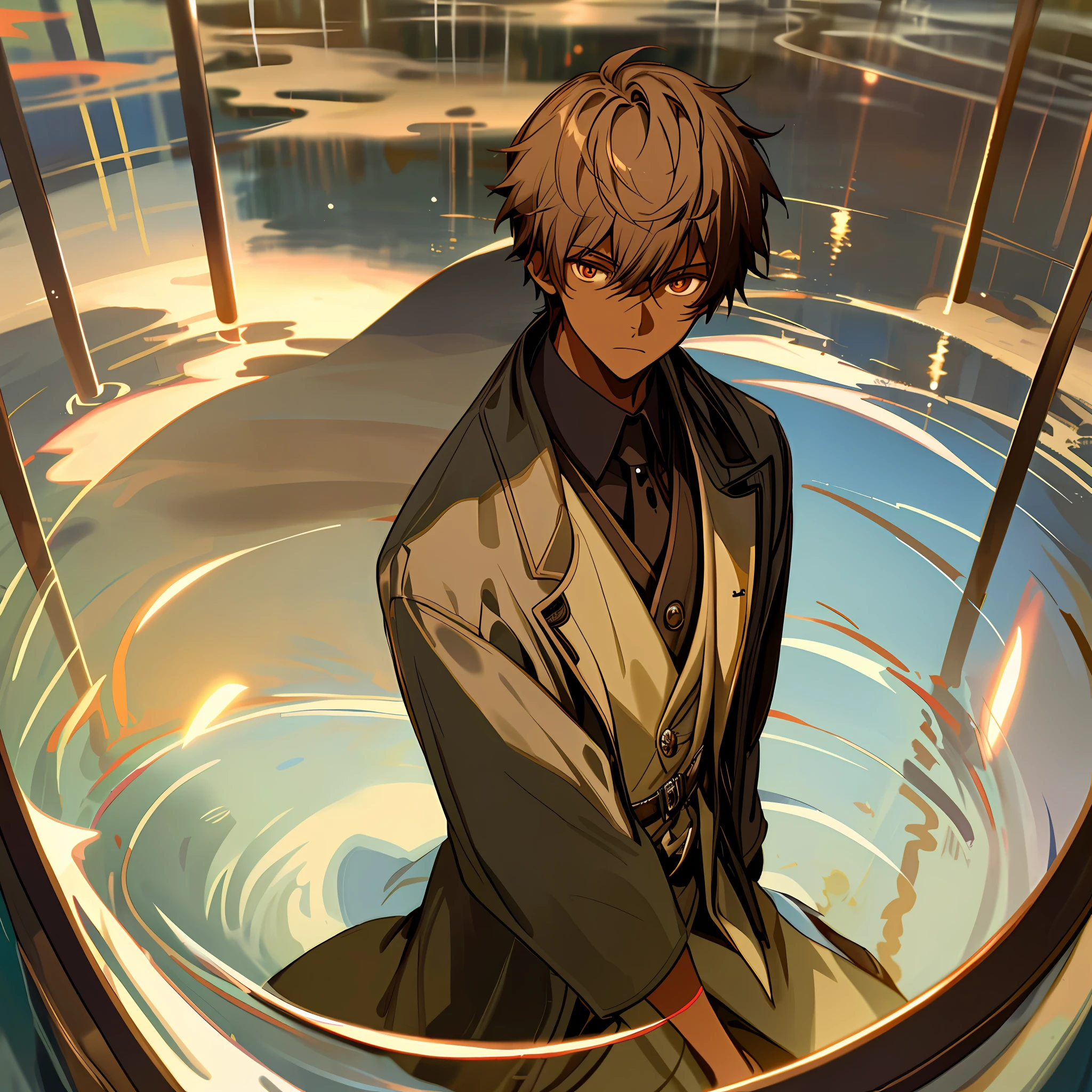 1boy, dark skin, short hair, overcoat, brown eye, eye with reflection, portrait, sitting