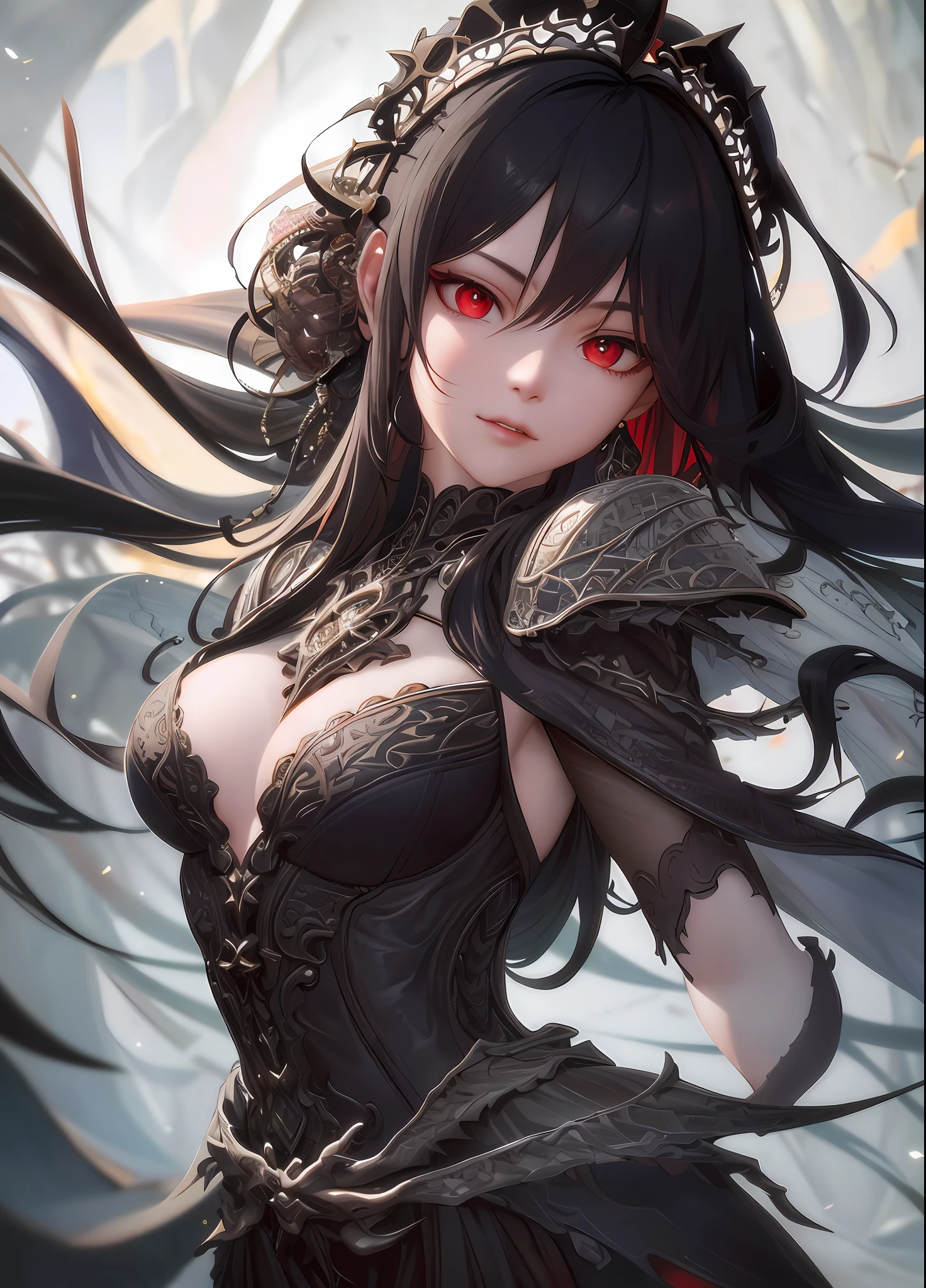 Analog style, (((intricate details)), full torso shot, cold lighting, beautiful, (pale gothic evil princess), (black hair), (complex), (skewed onyx dress armor)), (intricate jagged obsidian crown), dynamic poses, hair fluttering in the wind, perfect face, (realistic eyes), round iris, ((red eyes))), perfect eyes, complex, intricate, Helios 44-2, swirl bokeh, artstation trends, sharp focus, studio photography, intricate detail, very detailed, sharp, dnd character portrait, (oil on canvas), perfect lighting, masterpiece, detailed background, portrait by artgerm and greg rutkowski, cinematic lighting, 8k