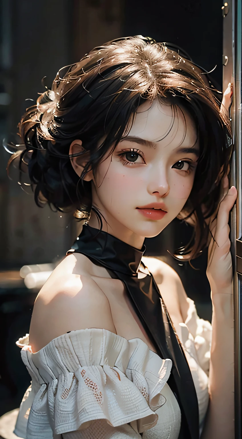 Best Quality, Masterpiece, Ultra High Resolution, (Realisticity: 1.4), Original Photo, 1girl, Off-the-Shoulder, Cinematic Lighting.