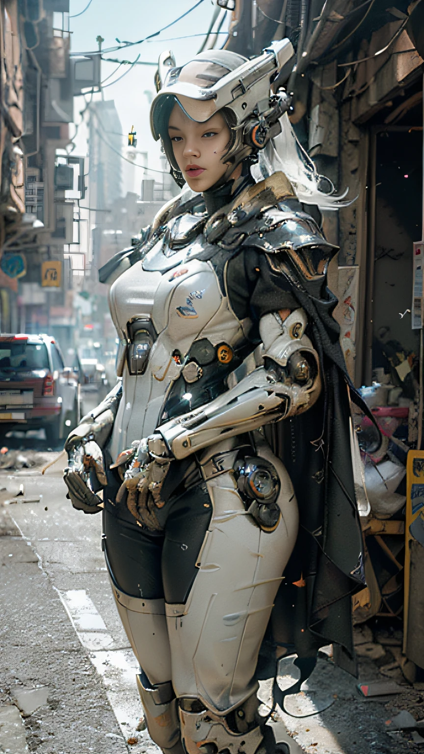 ((best quality)), ((masterpiece)), ((realistic)), (detailed), (photorealistic:1.5), a futuristic girl, (thick body), (white bodysuit), lights on armor, cybernetic headwear, looking at viewer, dynamic pose, post apocalyptic, destroyed city background, buildings on fire, science fiction, hdr, ray tracing, nvidia rtx, super-resolution, unreal 5, subsurface scattering, pbr texturing, post-processing, anisotropic filtering, depth of field, maximum clarity and sharpness, rule of thirds, 8k raw, (luminescent particles:1.4), (extremely detailed cg, unity 8k wallpaper, 3d, cinematic lighting, lens flare), reflections, sharp focus, cyberpunk art, cyberpunk architecture,