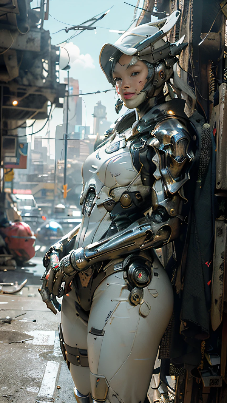 ((best quality)), ((masterpiece)), ((realistic)), (detailed), (photorealistic:1.5), a futuristic girl, (thick body), (white bodysuit), lights on armor, cybernetic headwear, looking at viewer, dynamic pose, post apocalyptic, destroyed city background, buildings on fire, science fiction, hdr, ray tracing, nvidia rtx, super-resolution, unreal 5, subsurface scattering, pbr texturing, post-processing, anisotropic filtering, depth of field, maximum clarity and sharpness, rule of thirds, 8k raw, (luminescent particles:1.4), (extremely detailed cg, unity 8k wallpaper, 3d, cinematic lighting, lens flare), reflections, sharp focus, cyberpunk art, cyberpunk architecture,