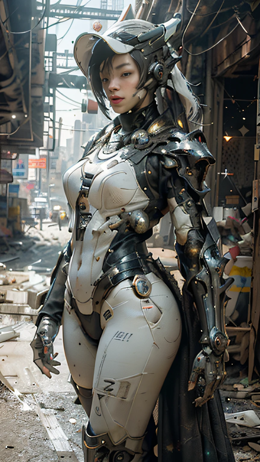 ((best quality)), ((masterpiece)), ((realistic)), (detailed), (photorealistic:1.5), a futuristic girl, (thick body), (white bodysuit), lights on armor, cybernetic headwear, looking at viewer, dynamic pose, post apocalyptic, destroyed city background, buildings on fire, science fiction, hdr, ray tracing, nvidia rtx, super-resolution, unreal 5, subsurface scattering, pbr texturing, post-processing, anisotropic filtering, depth of field, maximum clarity and sharpness, rule of thirds, 8k raw, (luminescent particles:1.4), (extremely detailed cg, unity 8k wallpaper, 3d, cinematic lighting, lens flare), reflections, sharp focus, cyberpunk art, cyberpunk architecture,