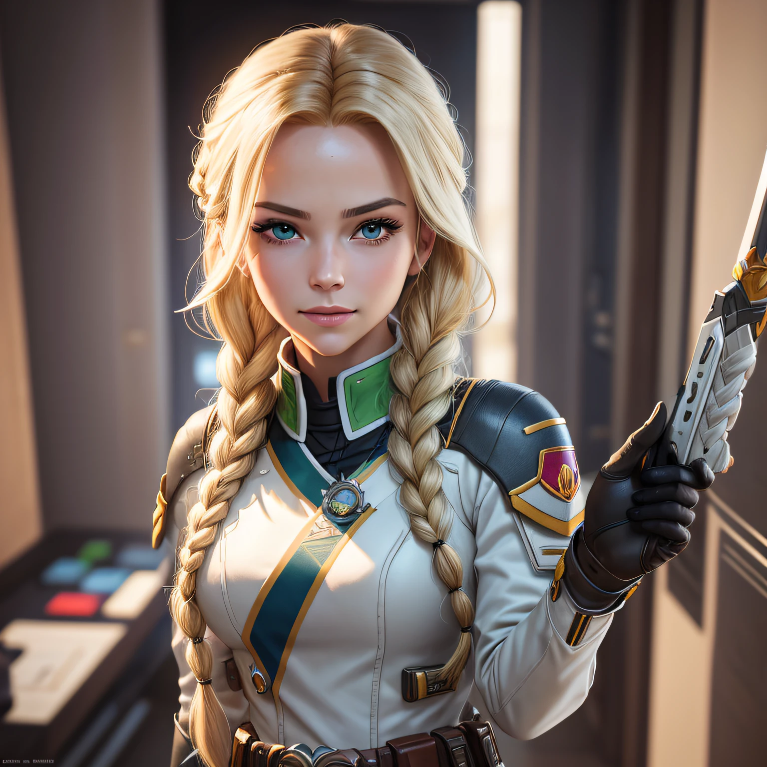 best quality, masterpiece, eye reflection,best quality, masterpiece, overwatch 2 mercy eye reflection, alone, in stark tower, perfect body, blonde, single long long braid in hair,ow uniform,green eyes,two arms,holding your iconic weapon, smiling,military details on uniform, tight uniform,braid past shoulder,utility belt,alone, command room, multiple smaller braids, low-cut clothing, 4k, masterpiece, highres, absurdres, natural volumetric lighting and best shadows, deep depth of field, sharp focus --auto --s2