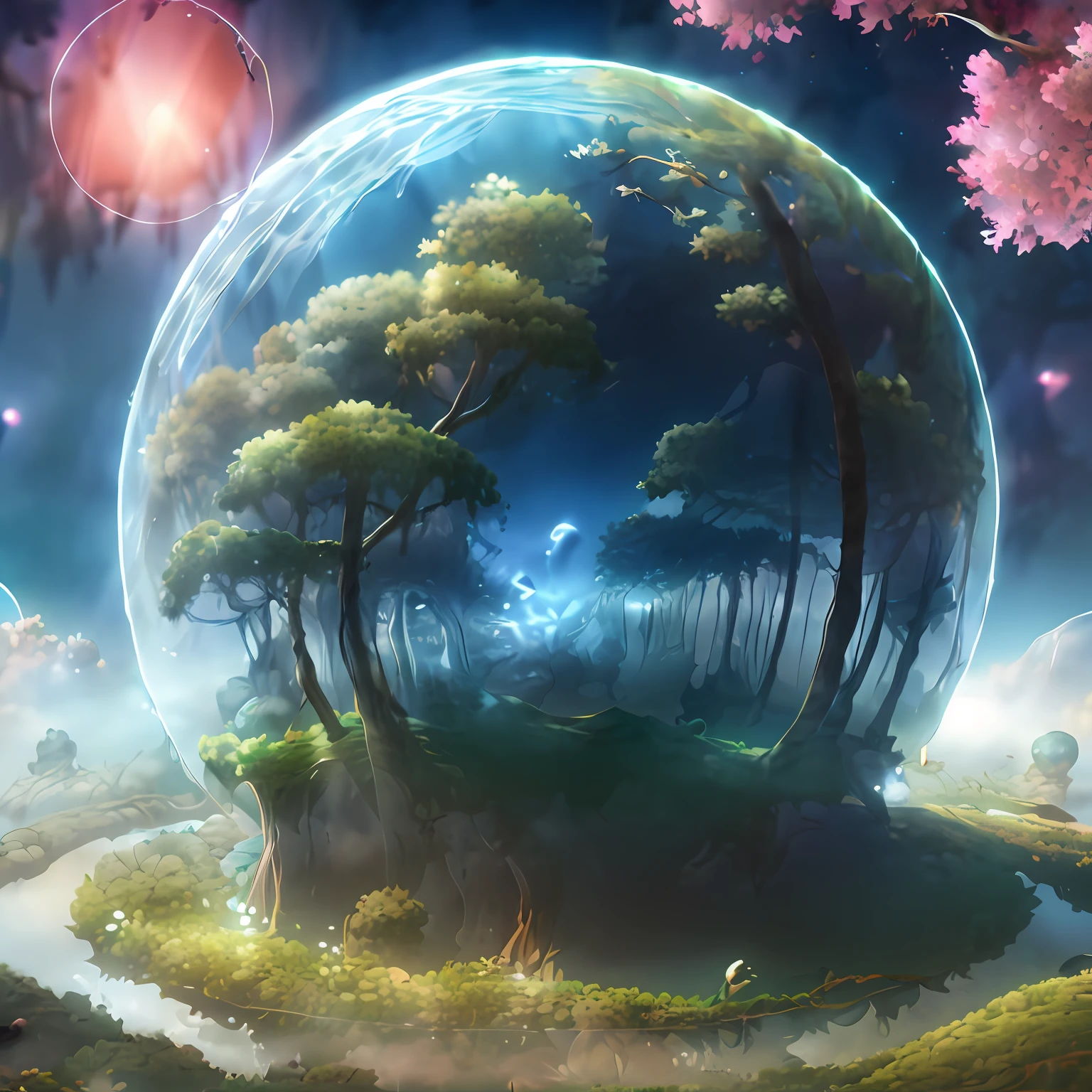 there is a picture of a planet with trees in the middle, fantasy planet, fractal world, 4k highly detailed digital art, background artwork, wide angle fantasy art, planet landscape, symmetrical fantasy landscape, 3 d render stylized, concept world art, rendered art, 3 d render beeple, environmental concept art, planet overgrown, digital 2d fantasy art