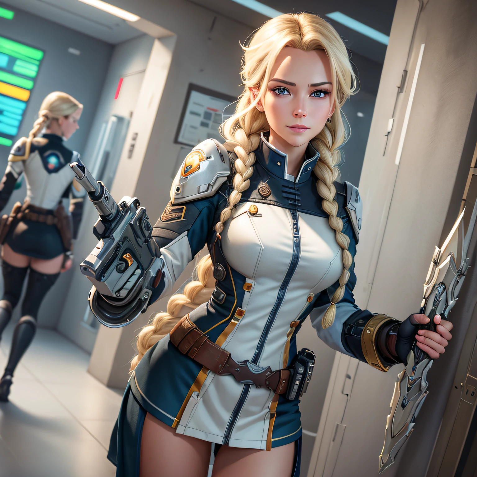 best quality, masterpiece, eye reflection,best quality, masterpiece, overwatch 2 mercy eye reflection, alone, in stark tower, perfect body, blonde, single long long braid in hair,ow uniform,green eyes,two arms,holding your iconic weapon, smiling,military details on uniform, tight uniform,braid past shoulder,utility belt,alone, command room, multiple smaller braids, low-cut clothing, 4k, masterpiece, highres, absurdres, natural volumetric lighting and best shadows, deep depth of field, sharp focus --auto --s2