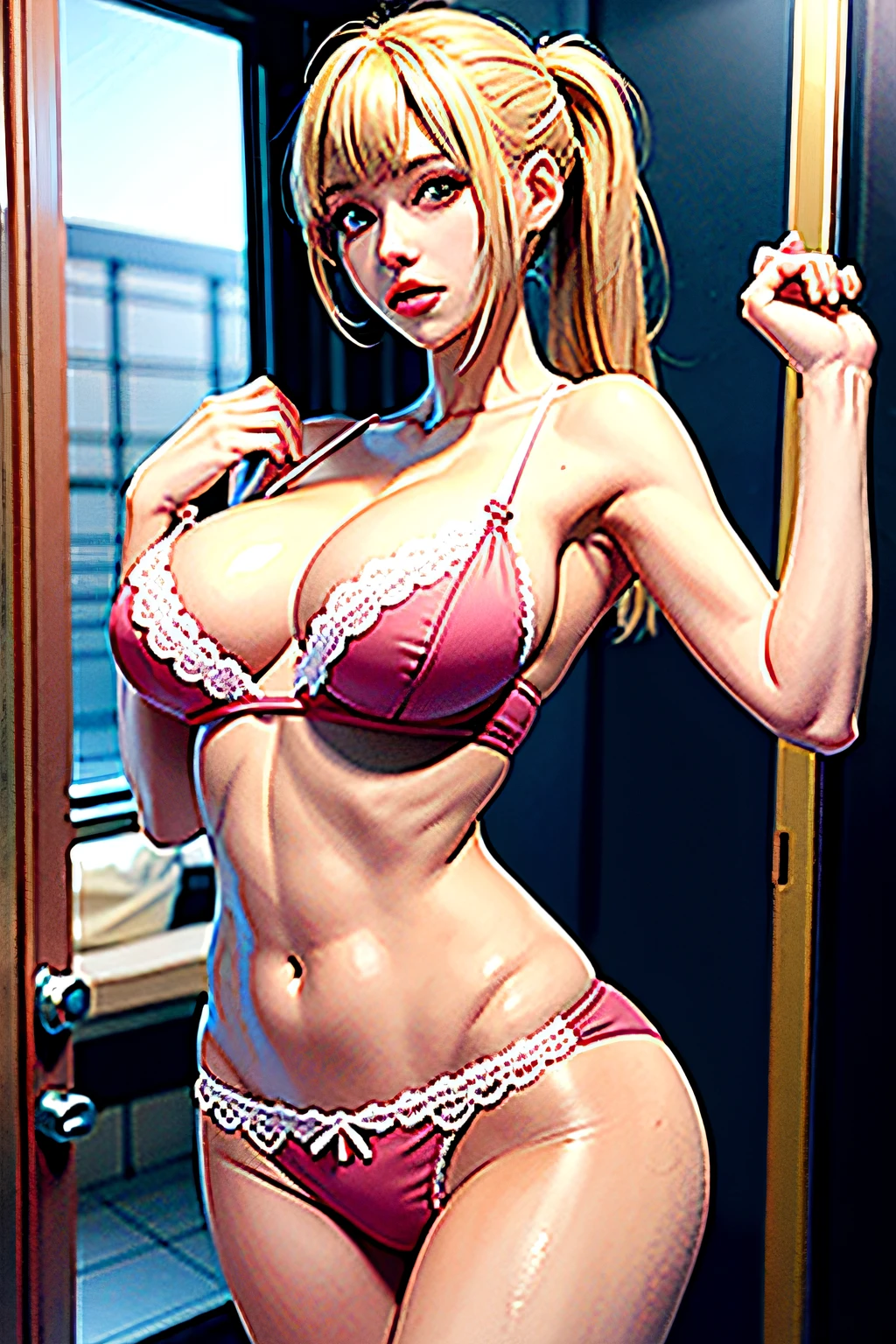 (masterpiece, best quality),(high resolution), train interior, 1girl, standing, huge breasts, underwear, blonde hair, panties, grabbing, male, 2boys, chikan, breast grab, blush, pink underwear, fingering, hand in panties, grabbing from behind, pink panties, cupless bra, bra, puffy, crotchless panties,, lace trim, shirt, skirt, pony tail
