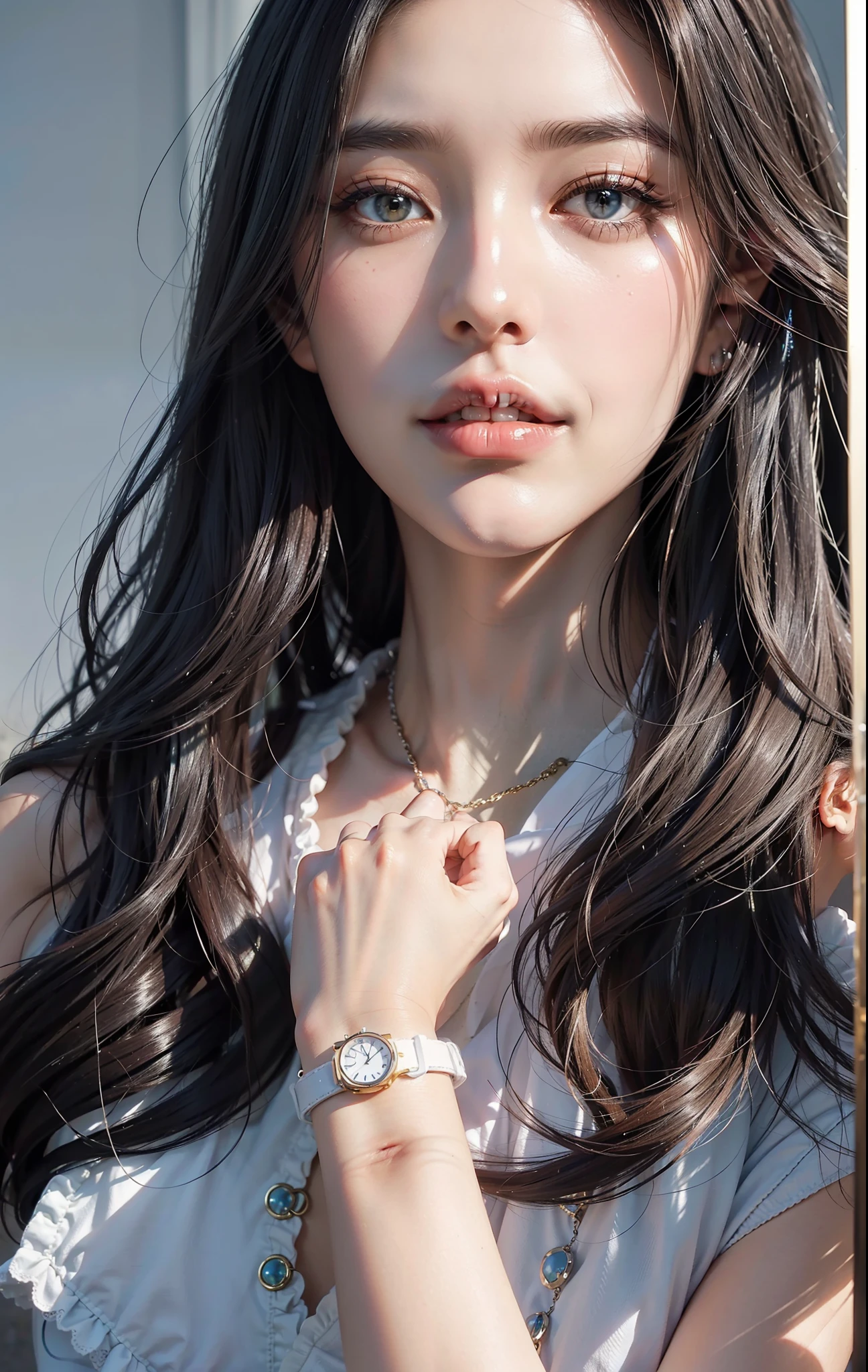 A Korean model, Instagram influencer style, charming temperament, confident smile, fashion styling, generous posture, slender body, tall height, delicate skin, elegant manners, sporty style, natural body language, feminine curves, natural hairstyle, beautiful face, professional model, cool expression, fashion matching, personality style, natural makeup, soft eyes, natural light and shadow, aesthetic proportions, elegant movements, delicate gestures, energetic, glamorous, fashion attitude, stretch posture, elegant demeanor, professional posture, natural posture, sultry eyes, comprehensive angle, beautiful model, exquisite composition, fashion matching, dazzling clothing, tall figure, natural posture, charming smile, confident temperament, delicate skin, beautiful complexion, soft light and shadow, dynamic layout, smooth lines, perspective effect, fine texture, rich color, color balance, texture gradation, soft shadows, brilliant colors, eye attraction, grab the focus, detail rendering, vivid expressions, sharp edges, natural light, fine rendering, hd details, vivid colors, Delicate texture, Elegant posture, Cool styling, Fashion attitude, Professional posture, Feminine curves, Natural hairstyle, Soft eyes, Natural body language, Natural makeup, Elegant style, Professional model, Cool expression, Energetic, Ultra HD, fair and delicate skin, HD details, realistic effects, exquisite pictures, high-precision texture maps, real and fine detail depiction, realistic character skin texture, sharp contrast, saturated colors, alternating cold and warm, strong contrast of warm and cold tones, bright and bright primary colors, Gradient color flow, delicate makeup, long eyelashes, beautiful pupils, watery eye color, 8K, best lighting, best shadow, long leg visual effect, leg line emphasis, cool reflective material navy blue coat, white lace top, super shorts, Balenciaga sneakers, Paris Chaumet ring, Bulgari necklace, sports watch, high ponytail, beautiful makeup, full body photo,
