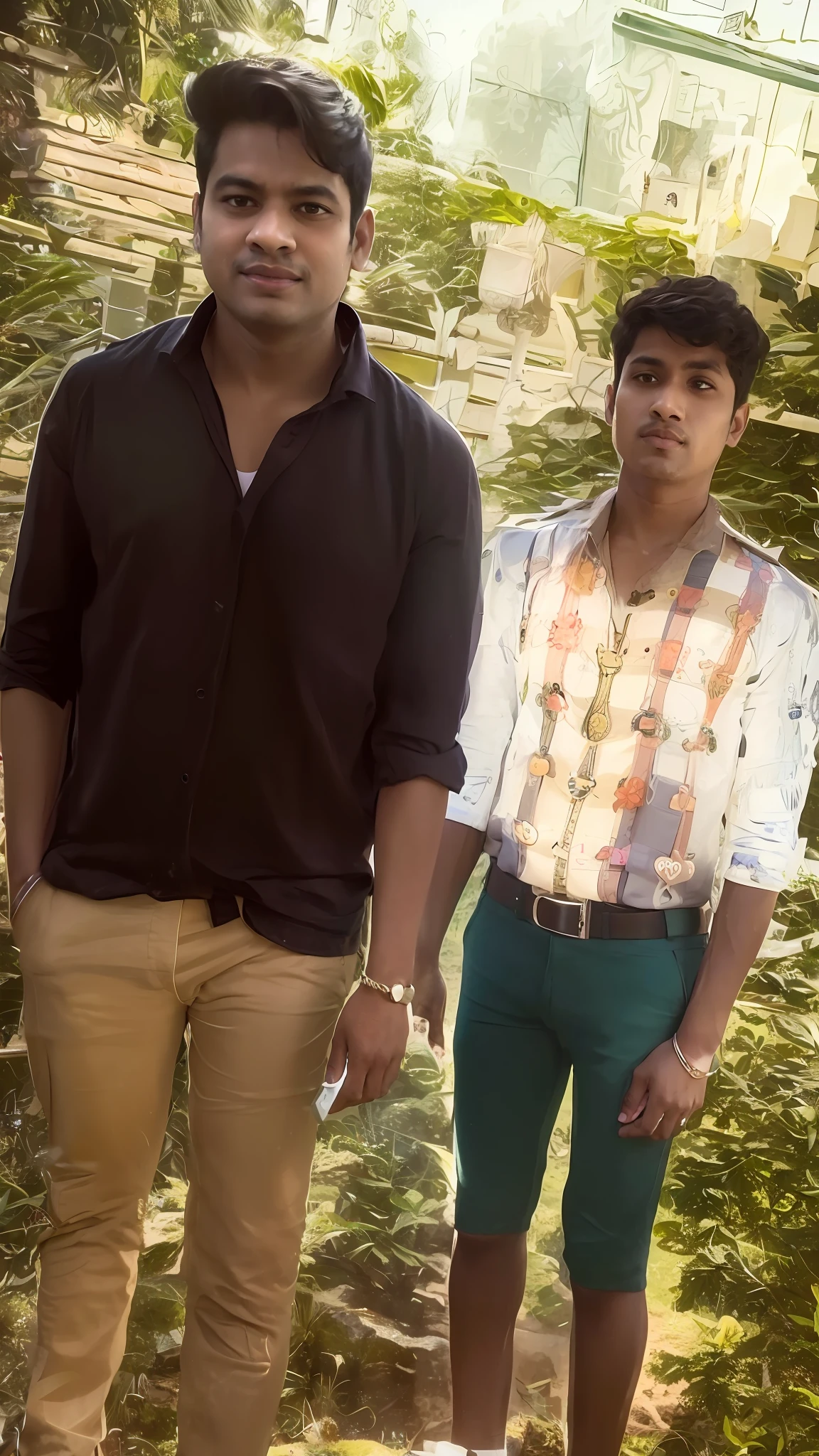 two men standing next to each other in a field, jayison devadas style, profile pic, jayison devadas, two young men, two handsome men, very very low quality picture, tall and slim, profile picture, profile photo, with two characters, stylish pose, candid picture, ghutra and egal, facebook post, thought provoking, very artistic pose