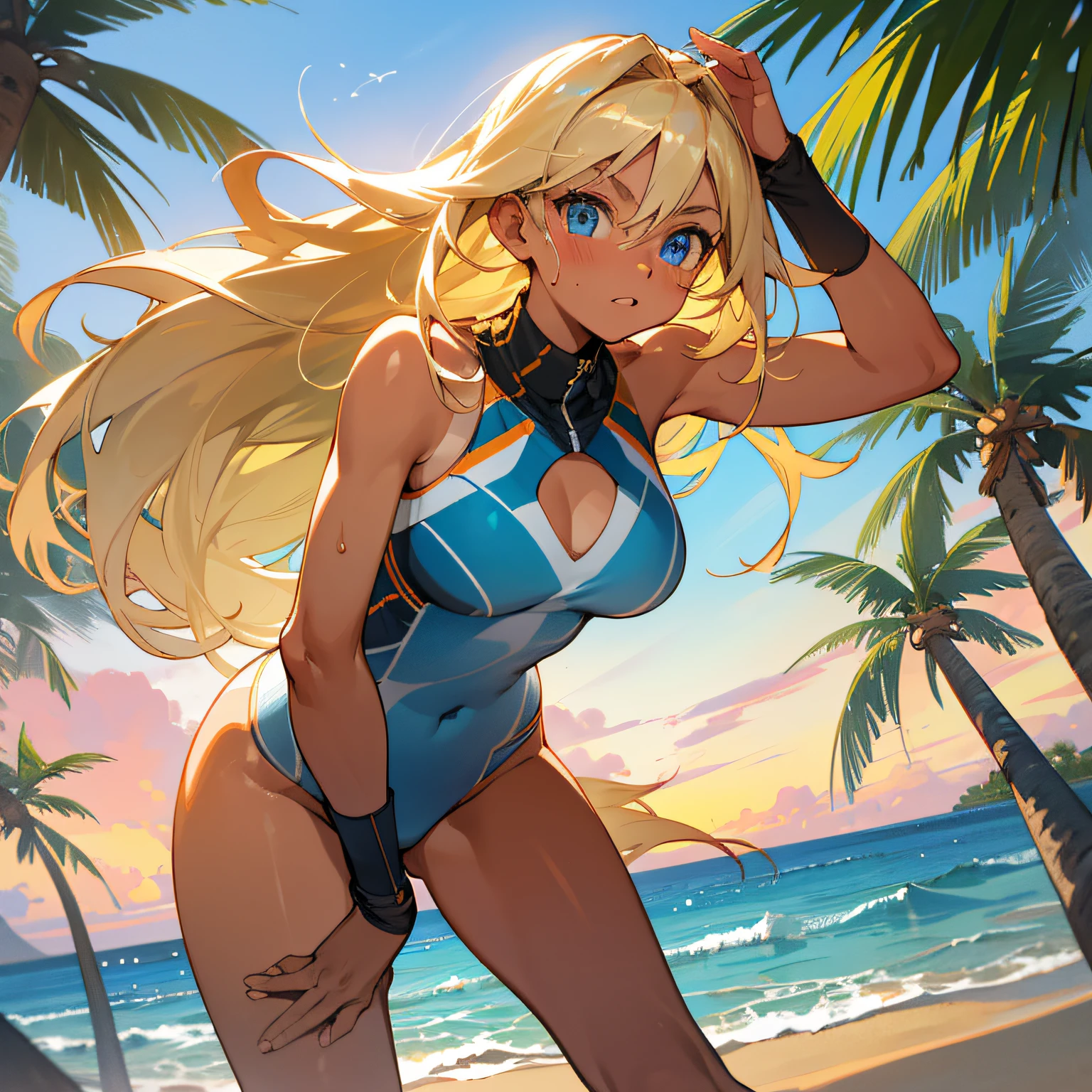 sandy beach),(1 person), (semi-naked,athletic female, beach volleyball player), (long blonde hair, blue eyes), (bronze tan), shiny,airy, dynamic pose, tropical greenery, crystal blue water, glowing sunset. --auto --s2