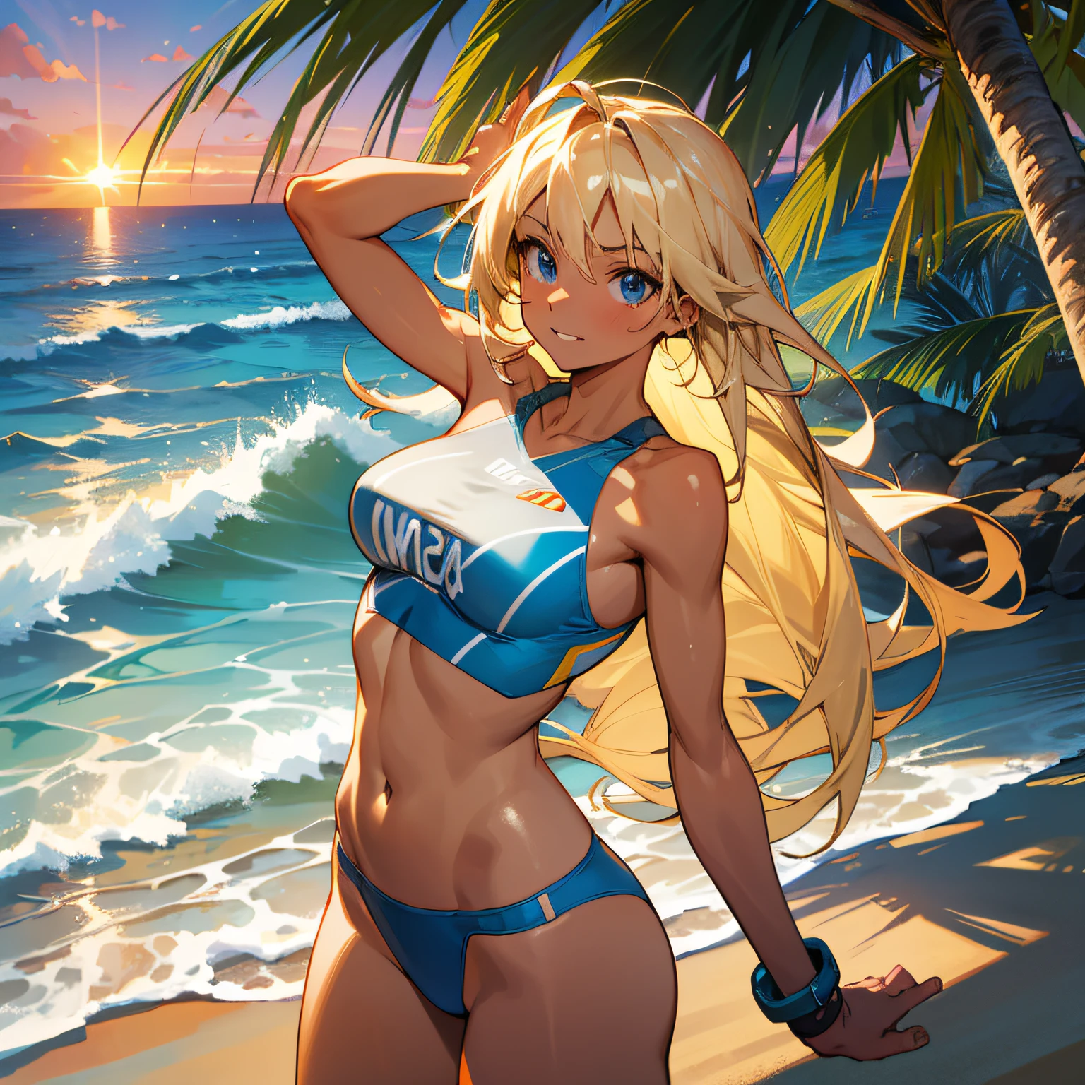 sandy beach),(1 person), (semi-naked,athletic female, beach volleyball player), (long blonde hair, blue eyes), (bronze tan), shiny,airy, dynamic pose, tropical greenery, crystal blue water, glowing sunset. --auto --s2