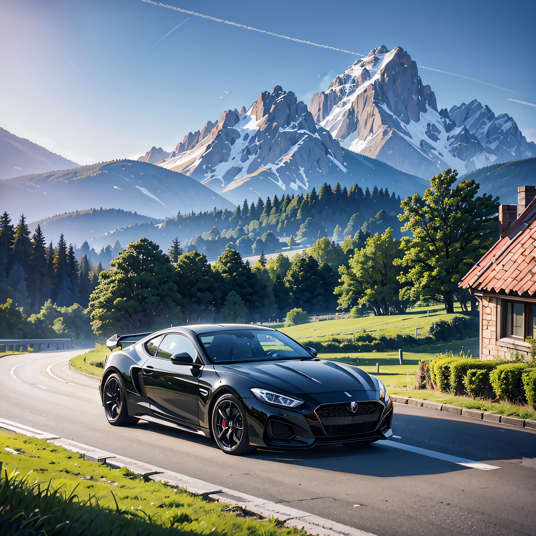 house, sports car, trees, mountains, late afternoon, UHD, 8k, super detail --auto --s2