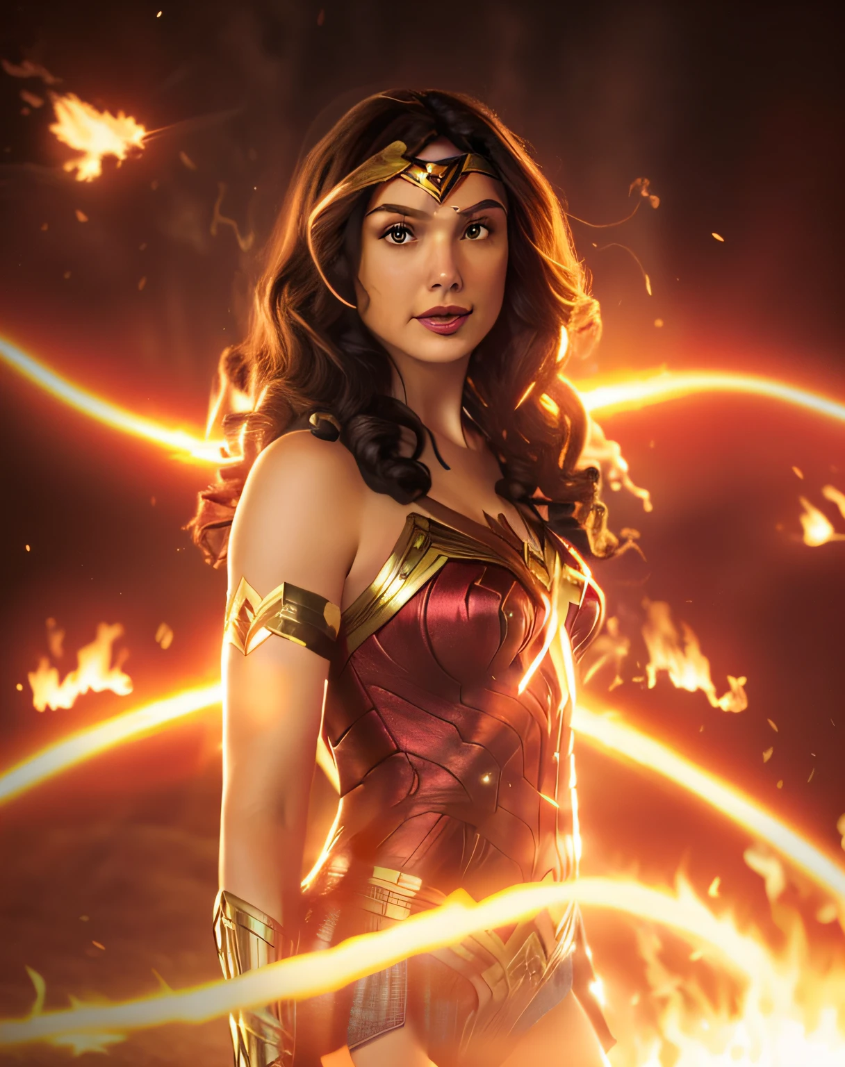 a woman in a red and gold costume standing in front of a fire, gal gadot as hell lord, hybrid of gal gadot, she has fire powers, portrait of wonder woman, face like gal gadot, wonder woman, portrait of modern darna, gal gadot portrait, fireball lighting her face, dressed as wonder woman, gal gadot as wonder woman