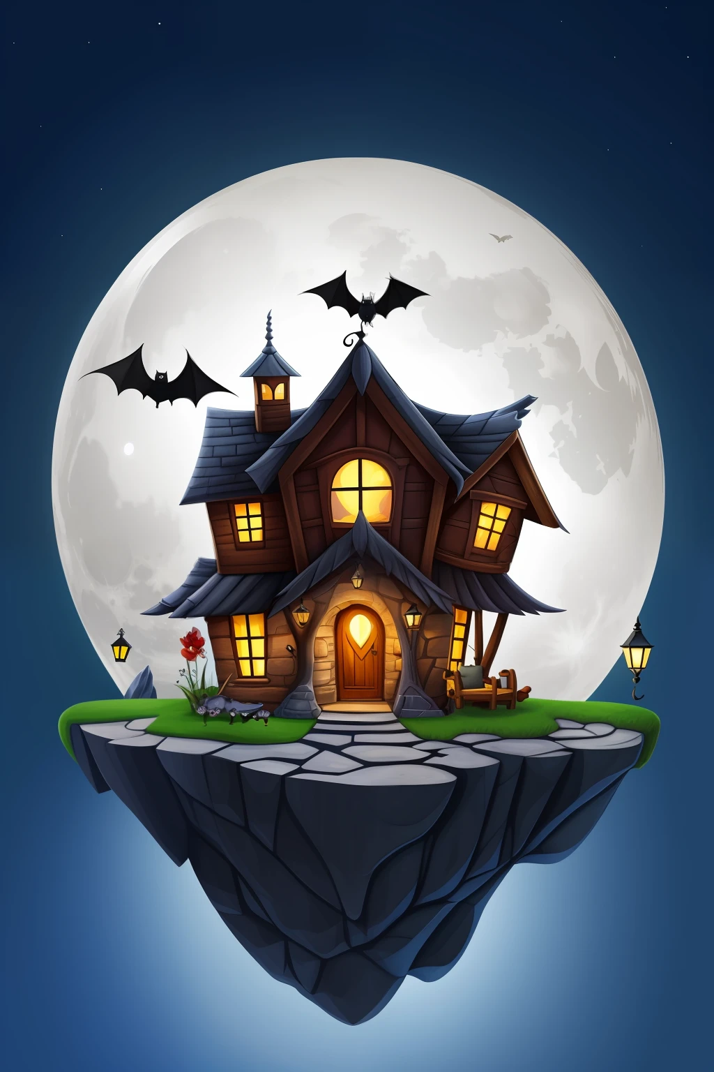 A cute bat (Very happy) flying in front the white moon to your house (beautiful litle house into The cave) where The wife wait him, Cartoon, detailed, high definicion, ultra resolution, 64k,
