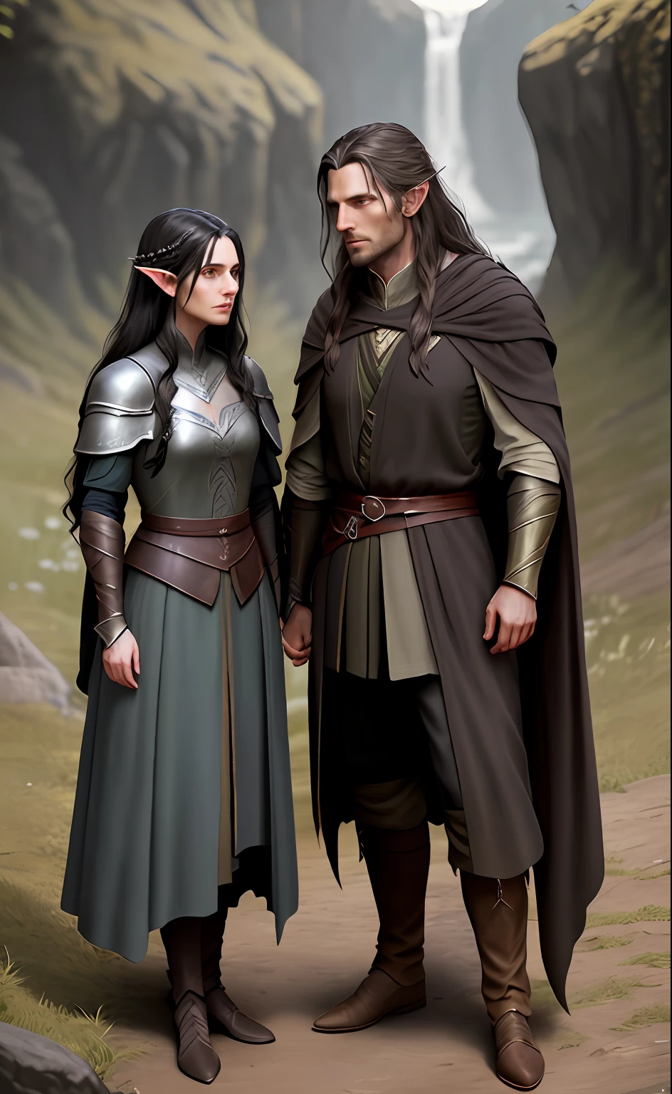 8k, Full Body Shot of Lord of the rings couple Aragorn(human, dark hair)  and Arwen(pointy ears, dark hair). couples photo, Unreal Engine 5, realistic, Game, masterpiece.