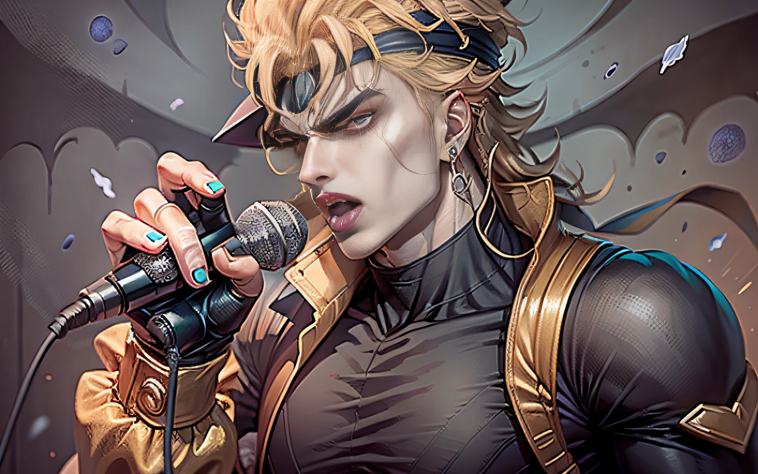 Dio brando, jojo's bizzare adventure, vampire suit, dio from stardust crusaders, singing, grey hat, microphone