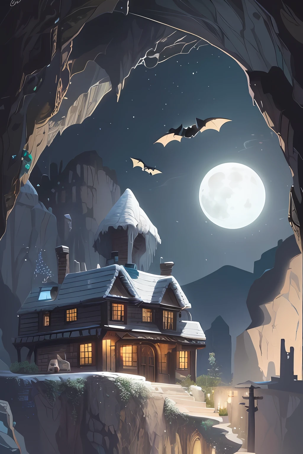 A cute bat (Very happy) flying in front the white moon to your house (beautiful litle house into The cave) where The wife wait him, Cartoon, detailed, high definicion, ultra resolution, 64k,