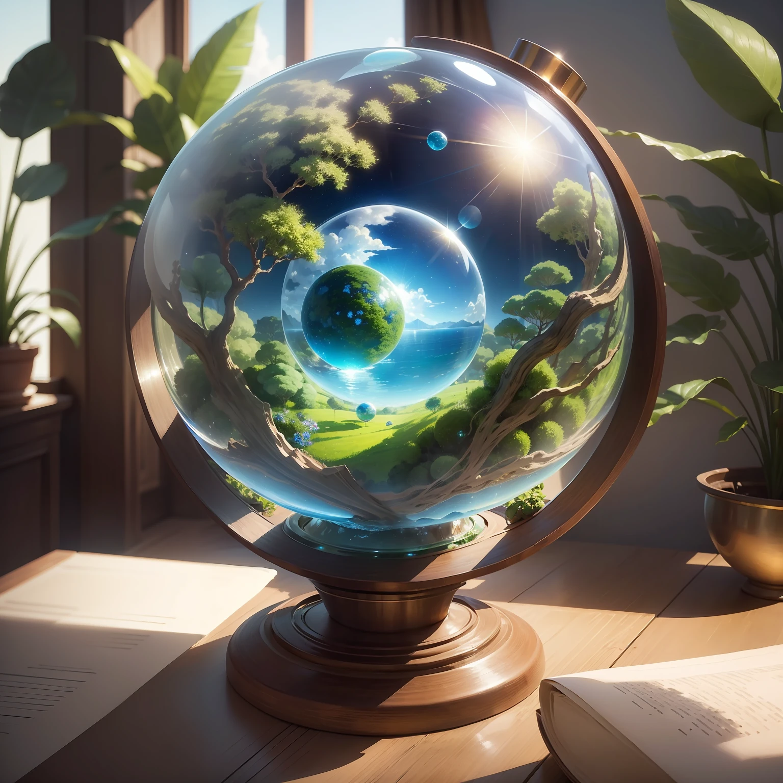 (((masterpiece))), ((shining)), a huge glass sphere, an inner glow with green plants and flowers inside, a sphere filled with water, a glow flying in a clear blue sky among gentle clouds and a starry (hyperrealism) without falling shadows, a fantasy spherical world inside a glass sphere