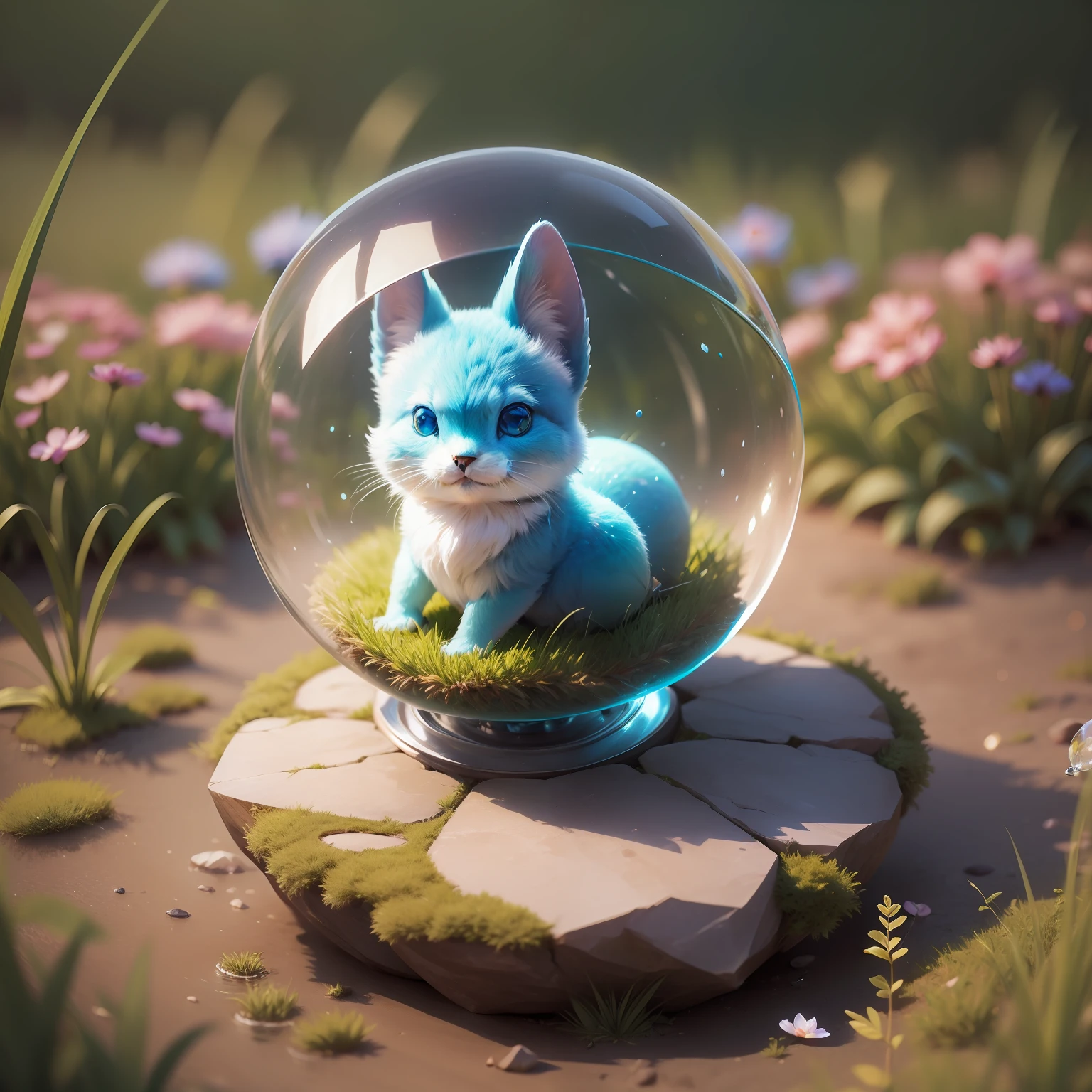 A crystal sphere, an unusual cute creature sits inside, a sphere on detailed grass --auto --s2