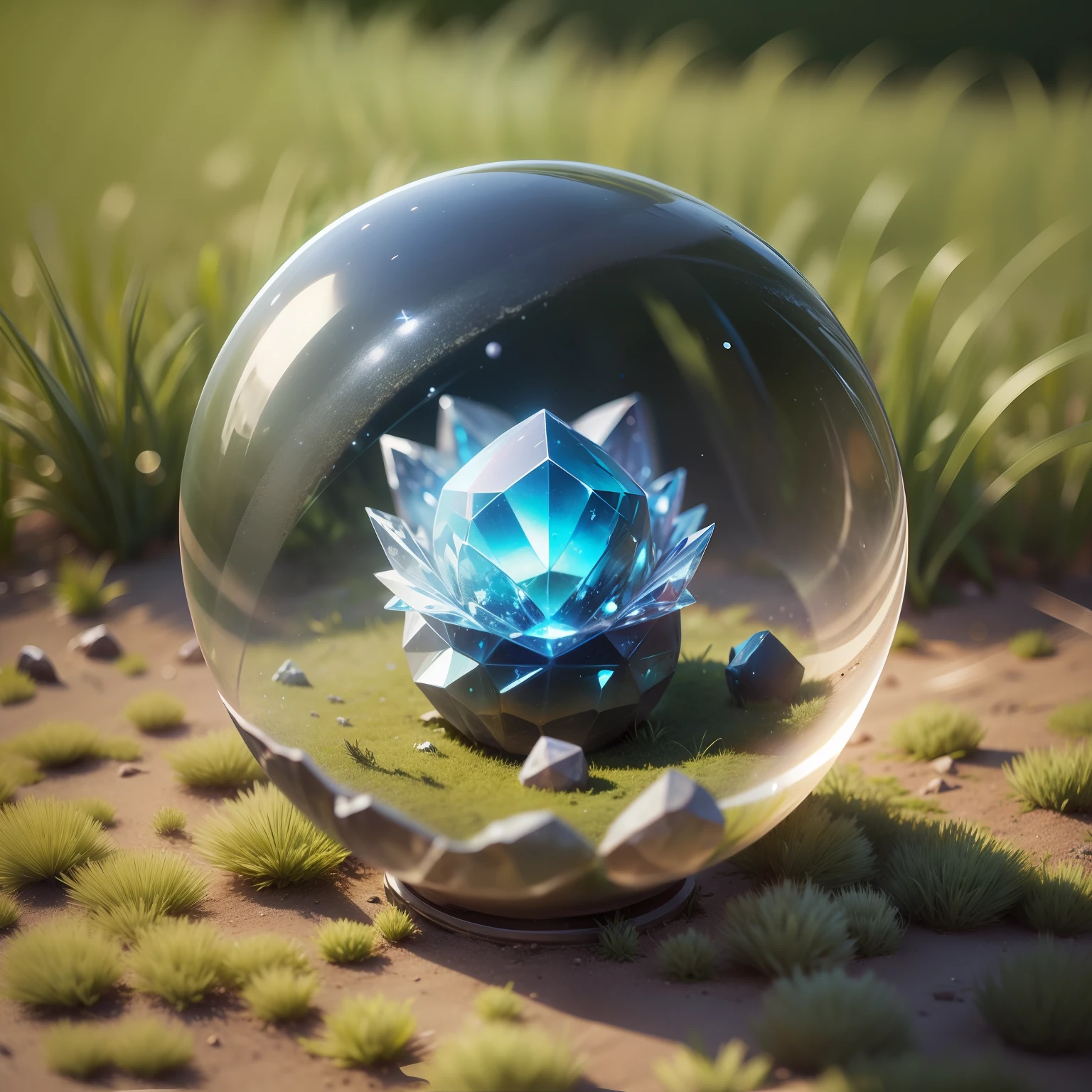 A crystal sphere, an unusual cute creature sits inside, a sphere on detailed grass --auto --s2