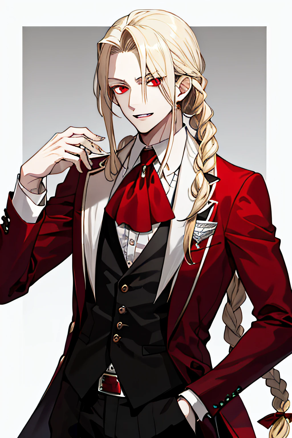 1male, attractive, tall, slightly muscular, long blond hair, braids, red eyes, elegant, aristocratic bearing, attractive, elegant black suit, vampire fangs, vampire, perfectly detailed eyes, perfectly detailed face, adult, masterpiece, upper body