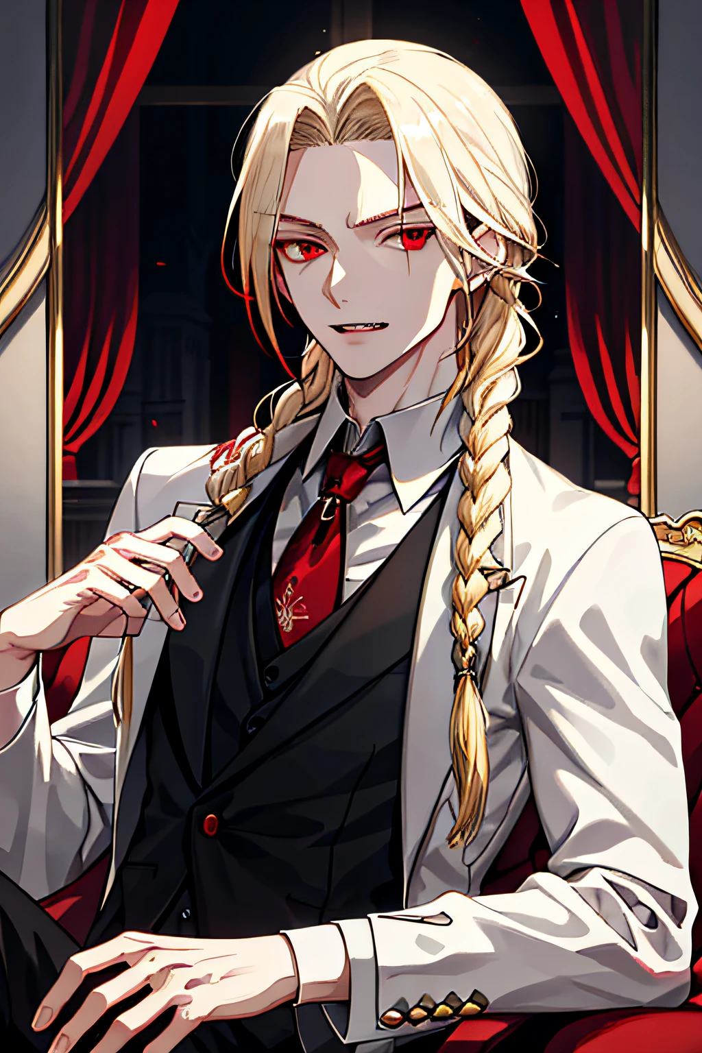 1male, attractive, tall, slightly muscular, long blond hair, braids, red eyes, elegant, aristocratic bearing, attractive, elegant black suit, vampire fangs, vampire, perfectly detailed eyes, perfectly detailed face, adult, masterpiece, upper body