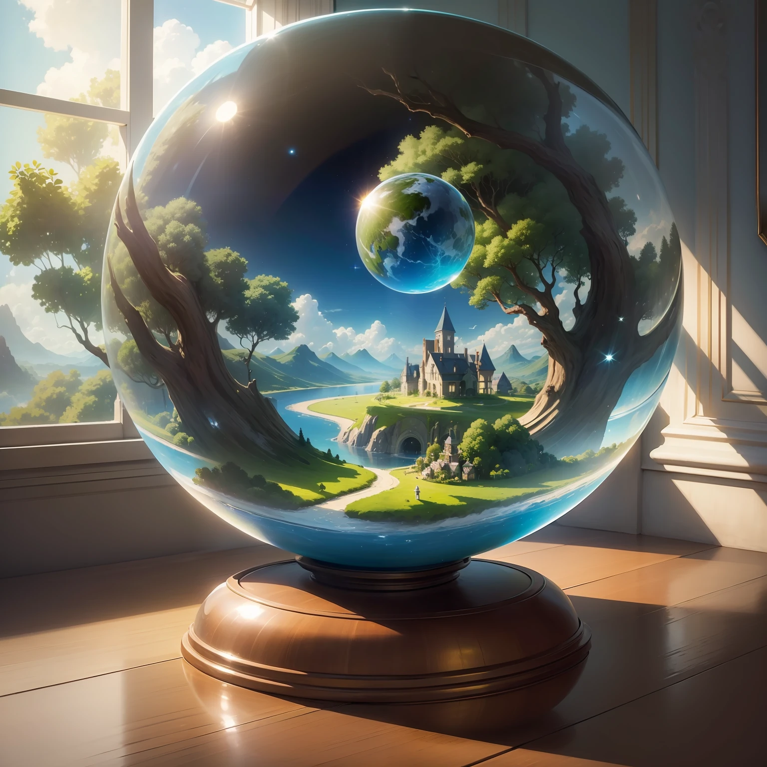 (((masterpiece))), ((shining)), a huge glass sphere, an inner glow with green plants and flowers inside, a sphere filled with water, a glow flying in a clear blue sky among gentle clouds and a starry (hyperrealism) without falling shadows, a fantasy spherical world inside a glass sphere