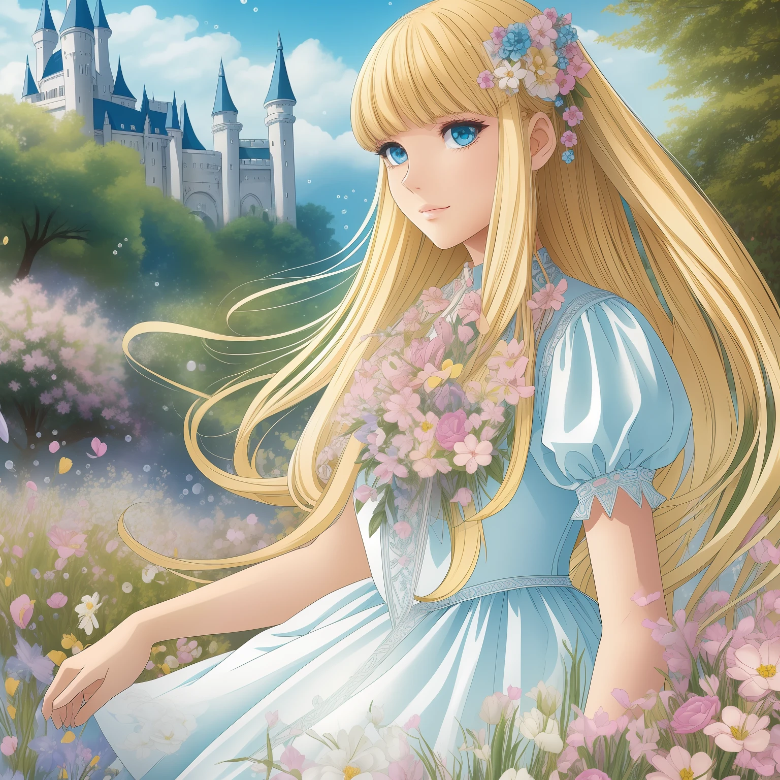 (masterpiece), (best quality), (ultra detailed),(straight hair),(illustration), (1girl), (princess clothes), on top of a white horse, model, strolling in the garden, on a winding dirt trail (interview), (background a castle), beautiful blue eyes, beautiful and delicate face, floating, (high saturation), (colorful splashes), colorful bubble, (bright), focus on the face, ponytail, long blonde hair, bangs, hair ring,  floating flowers, floating hair, (bright), better lighting, better shade, --auto --s2