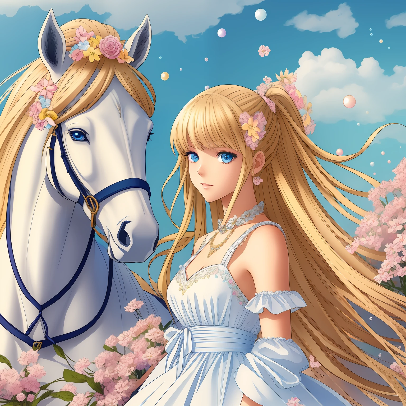 (masterpiece), (best quality), (ultra detailed),(straight hair),(illustration), (1girl), (princess clothes), on top of a white horse, model, strolling in the garden, on a winding dirt trail (interview), (background a castle), beautiful blue eyes, beautiful and delicate face, floating, (high saturation), (colorful splashes), colorful bubble, (bright), focus on the face, ponytail, long blonde hair, bangs, hair ring,  floating flowers, floating hair, (bright), better lighting, better shade, --auto --s2