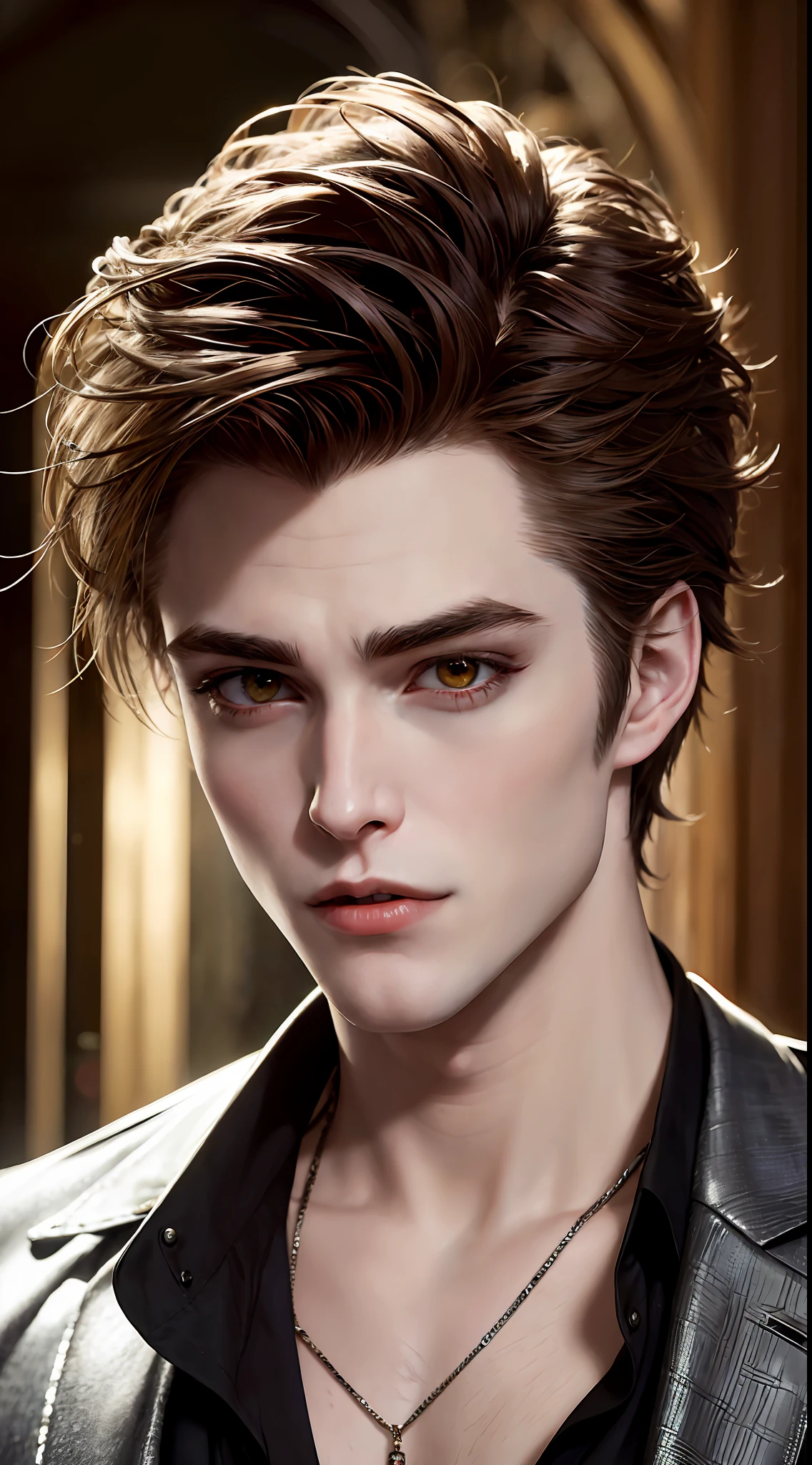 Edward Cullen, Robert Patisson, vampire from the movie Twilight, full-length, yellow eyes, high detail, picture for the competition, correct facial features, super detail