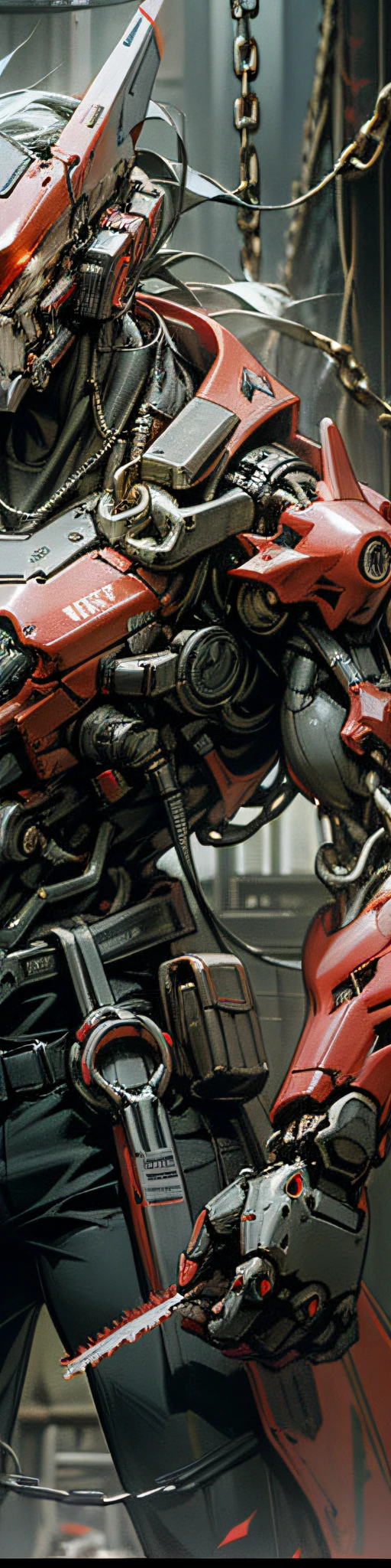 Dark_Fantasy,Cyberpunk,(chain saw,chain saw man,Red:1.1),1man,Mechanical marvel,Robotic presence,Cybernetic guardian,