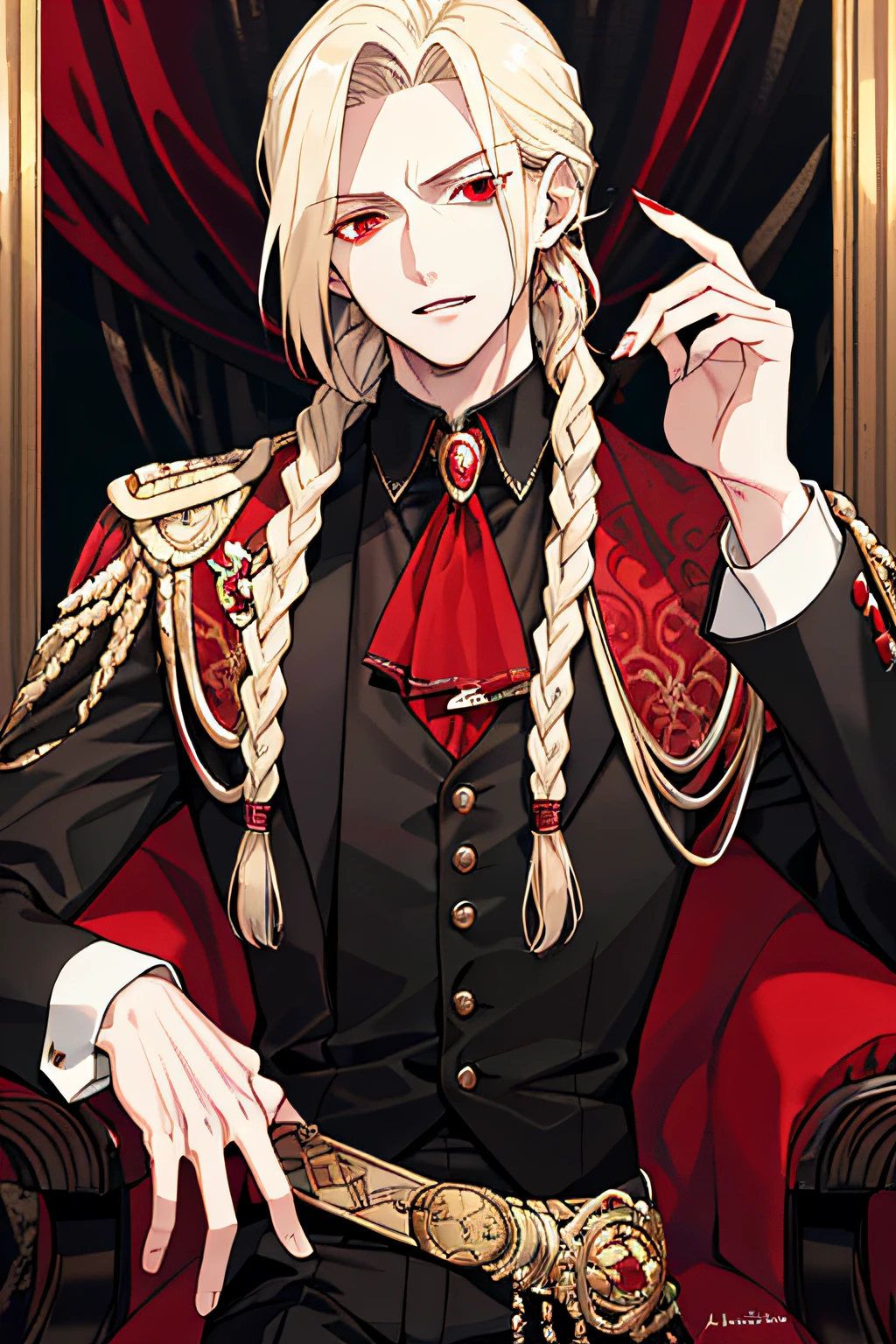 1male, attractive, tall, slightly muscular, long blond hair, braids, red eyes, elegant, aristocratic bearing, attractive, elegant black suit, vampire fangs, vampire, perfectly detailed eyes, perfectly detailed face, adult, masterpiece, upper body. ((masterpiece: 1.2, best quality)), (handsome: 1.4)