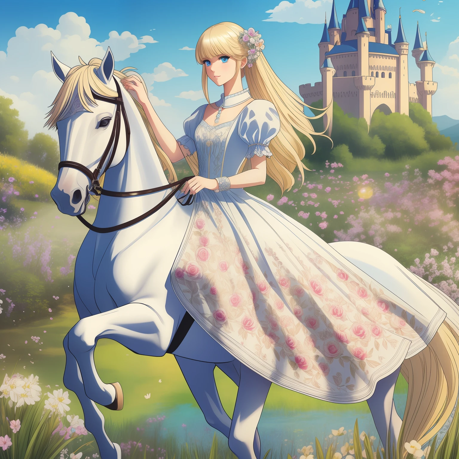 (masterpiece), (best quality), (ultra detailed),(straight hair),(illustration), (1girl), (princess clothes), on top of a white horse, model, strolling in the garden, on a winding dirt trail (interview), (background a castle), beautiful blue eyes, beautiful and delicate face, floating, (high saturation), (colorful splashes), colorful bubble, (bright), focus on the face, ponytail, long blonde hair, bangs, hair ring, floating flowers, floating hair, (bright), better lighting, better shade, --auto --s2