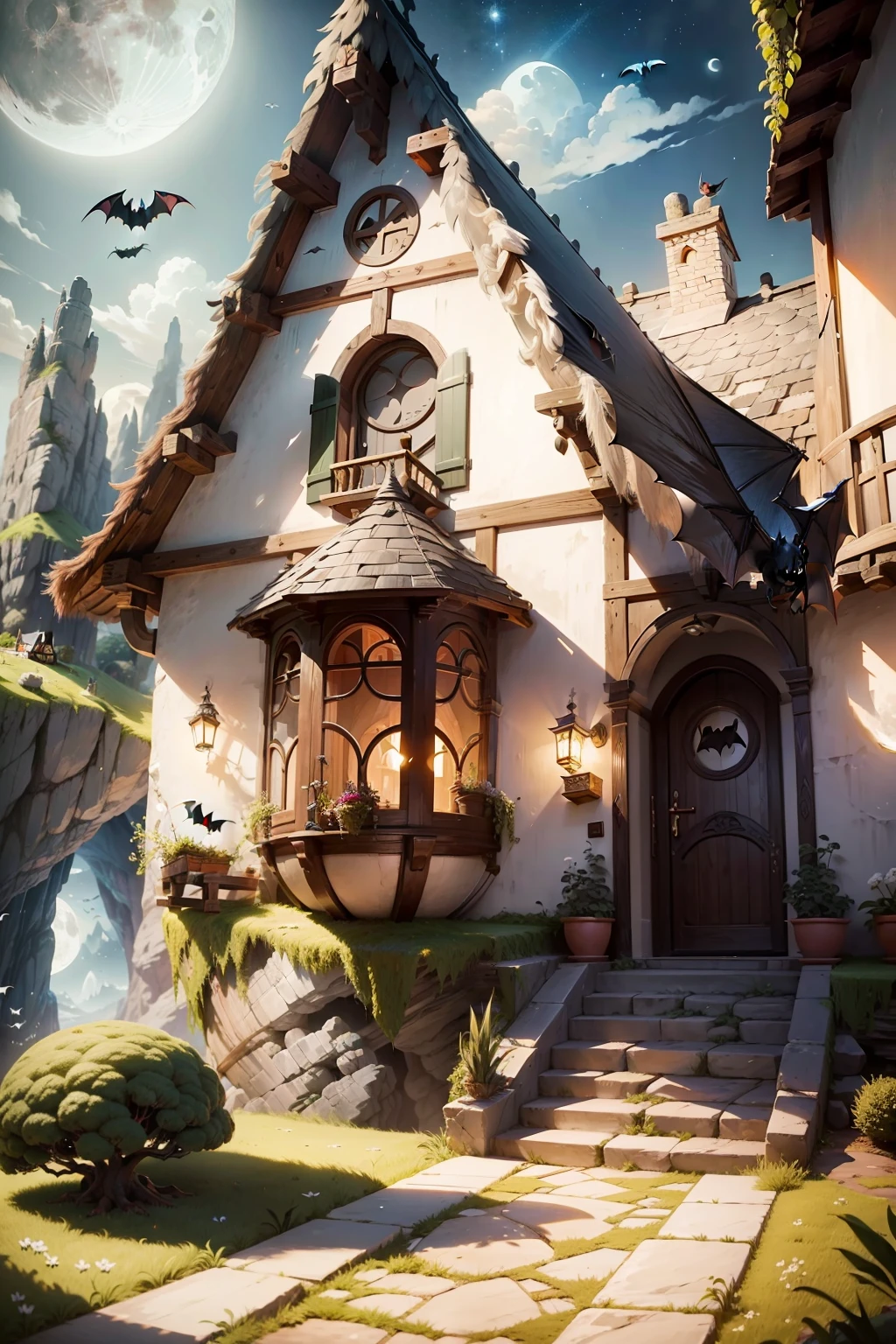 A cute bat (Very happy) flying in front the white moon to your house (beautiful litle house into The cave) where The wife wait him, Disney fantasy, detailed, high definicion, ultra resolution, 64k, --s2