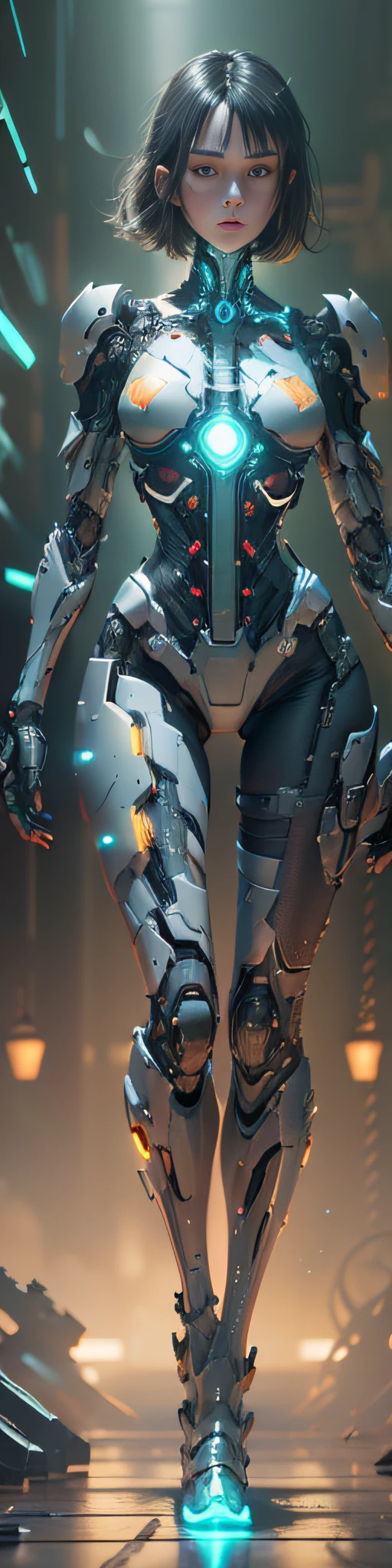 (from front:1.5), (1mechanical girl:1.5),full body, solo, Slim waist, thick thighs,  (machine made joints:1.2),(machanical limbs:1.1),(blood vessels connected to tubes),(mechanical vertebra attaching to back),(mechanical cervial attaching to neck), lights on armor, mecha headglass, (Luminous Arms:1.5), (laser eyes:1.5), expressionless, huge breast, 

colorful,hdr, ray tracing, nvidia rtx, super-resolution, unreal 5, subsurface scattering, pbr texturing, post-processing, anisotropic filtering, depth of field, maximum clarity and sharpness, rule of thirds, 16k raw, (luminescent particles:1.4), extremely detailed cg, unity 8k wallpaper, 3d, cinematic lighting, lens flare, reflections, sharp focus, cyberpunk art,  realistic, highly detailed CG illustration, an extremely delicate and beautiful, cinematic light, (photorealistic:1.5), (Dark background:1.5),dynamic angle, masterpiece, best quality, ultra-detailed, illustration, detailed light, dramatic_shadow,face shadow,extra detailed,best performance,