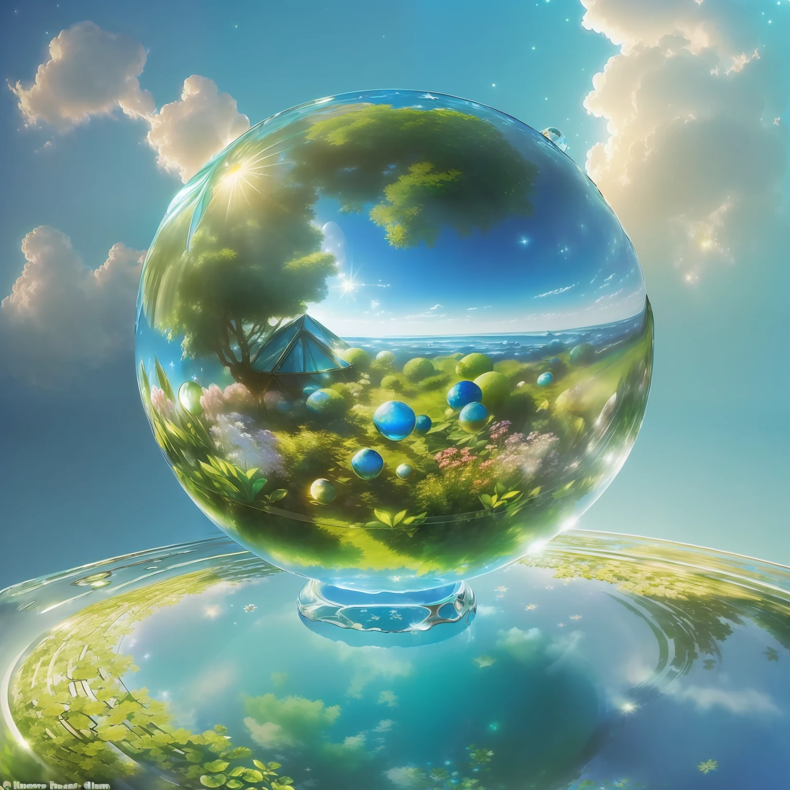 ((((masterpiece))), (((shining))), ((huge glass sphere, inner glow with green plants and flowers inside, water-filled sphere, radiance flying in a clear blue sky among gentle clouds and starry)), (hyperrealism) without falling shadows, fantasy spherical world inside a glass sphere