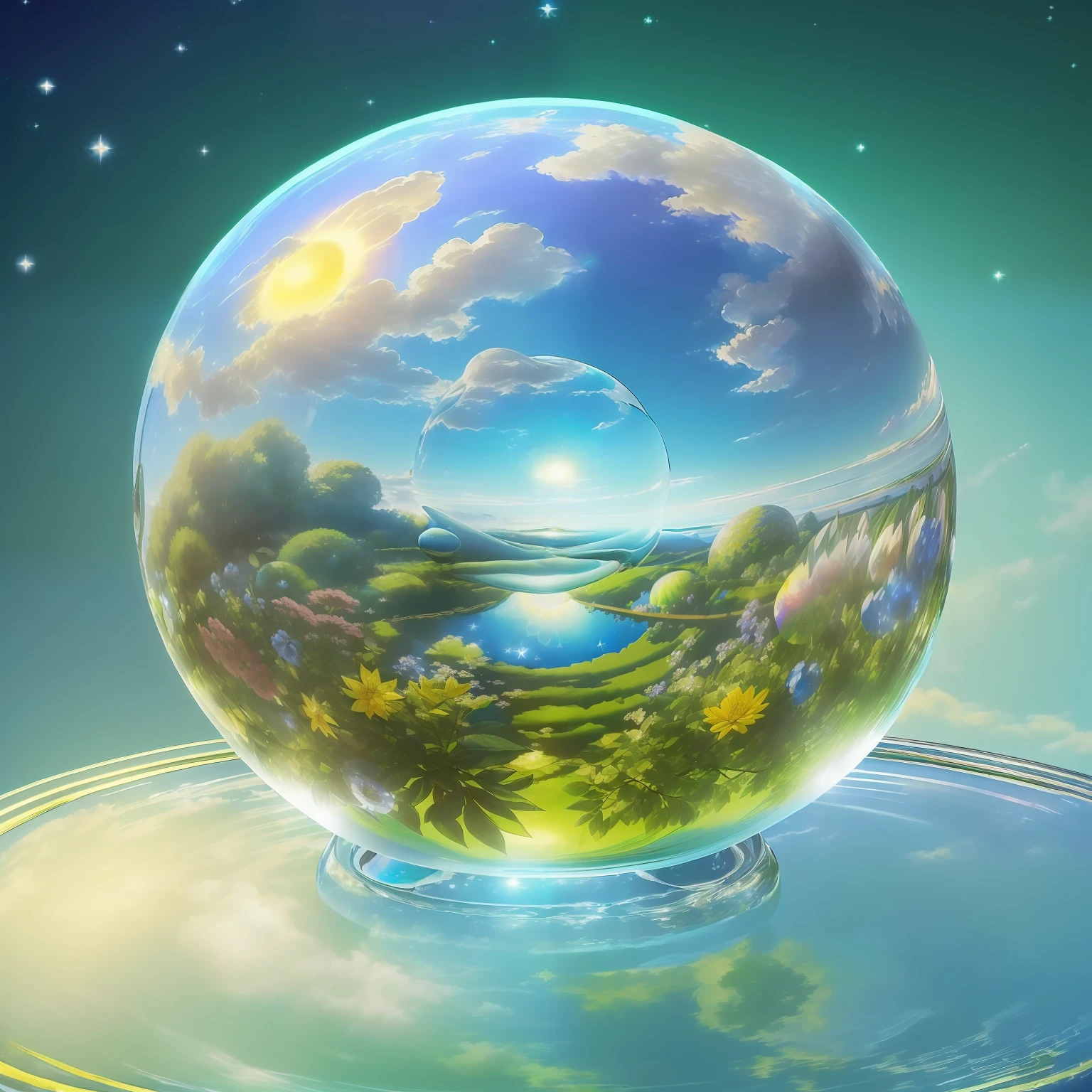 ((((masterpiece))), (((shining))), ((huge glass sphere, inner glow with green plants and flowers inside, water-filled sphere, radiance flying in a clear blue sky among gentle clouds and starry)), (hyperrealism) without falling shadows, fantasy spherical world inside a glass sphere