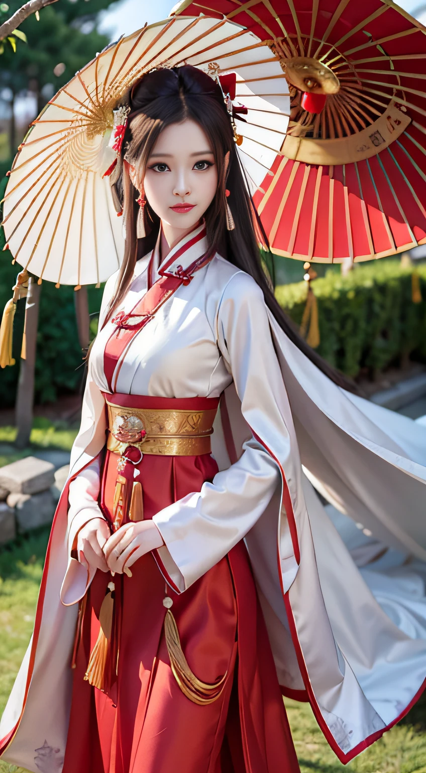 Chinese woman in red dress and white umbrella, delicate and charming face, Hanfu, palace, girl in Hanfu, ancient Chinese clothes, white Hanfu, Chinese traditional dress, ancient Chinese clothes, Chinese clothes, luxurious silk Cape, ancient Chinese princess in a lady's attire, gilded red robe, red flower pattern kimono