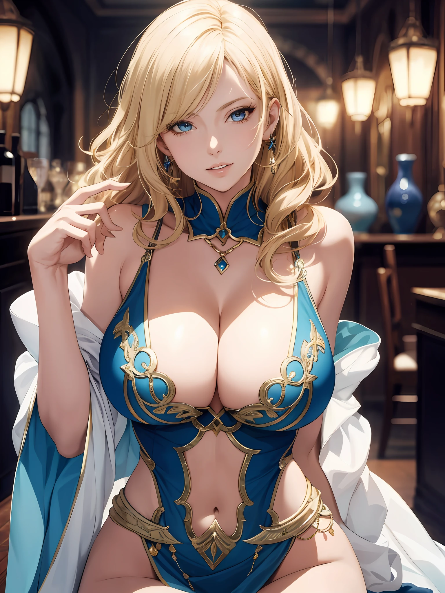 Woman, beautuful, fantasy, blonde, milf, big boobs, deep cleavage, jewelry, blue eyes, parted lips, best quality  , masterpiece, smooth skin, sleeveless