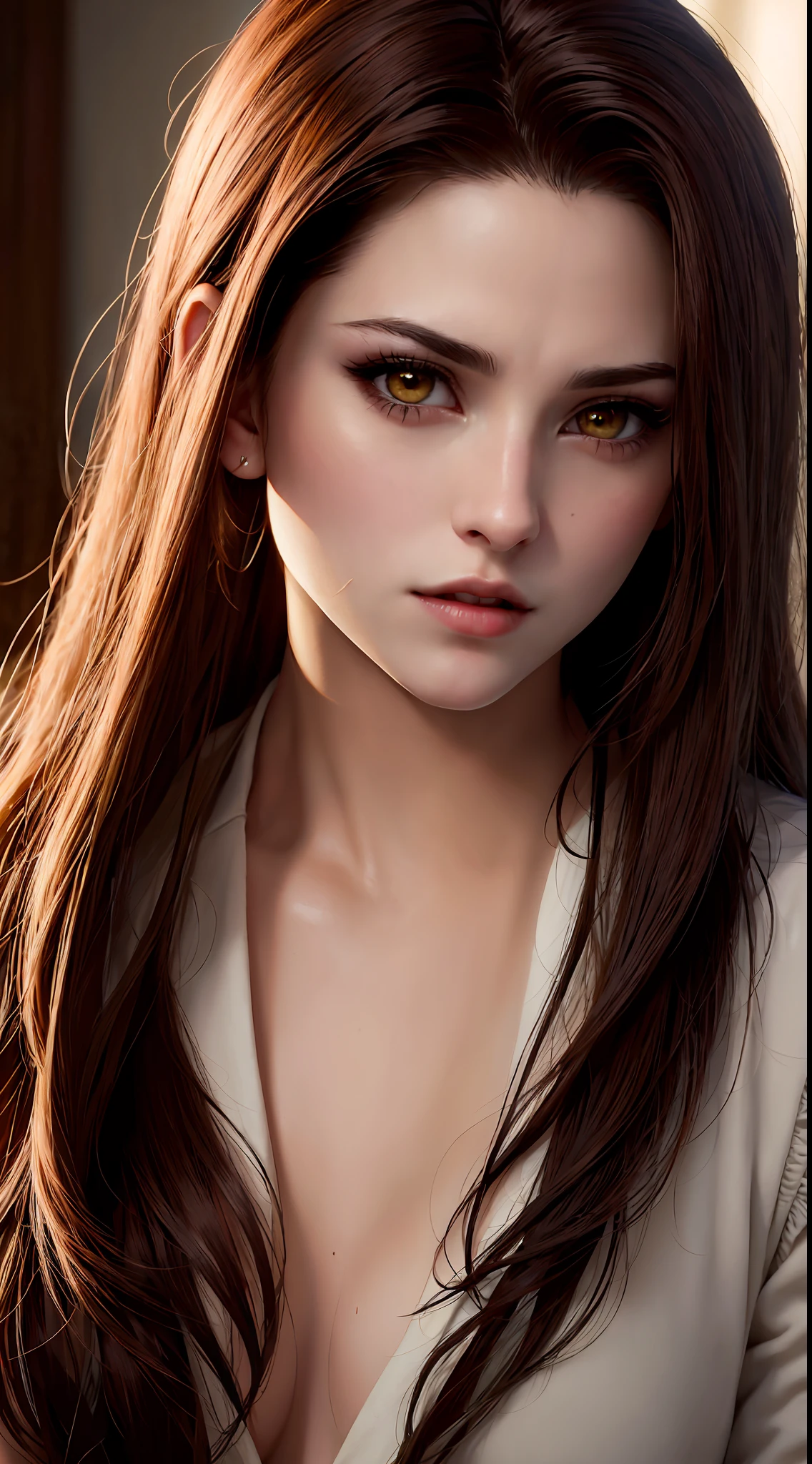 Bella Swan, vampire from the movie Twilight, full-length, yellow eyes, high detail, picture for the competition, correct facial features, super detail