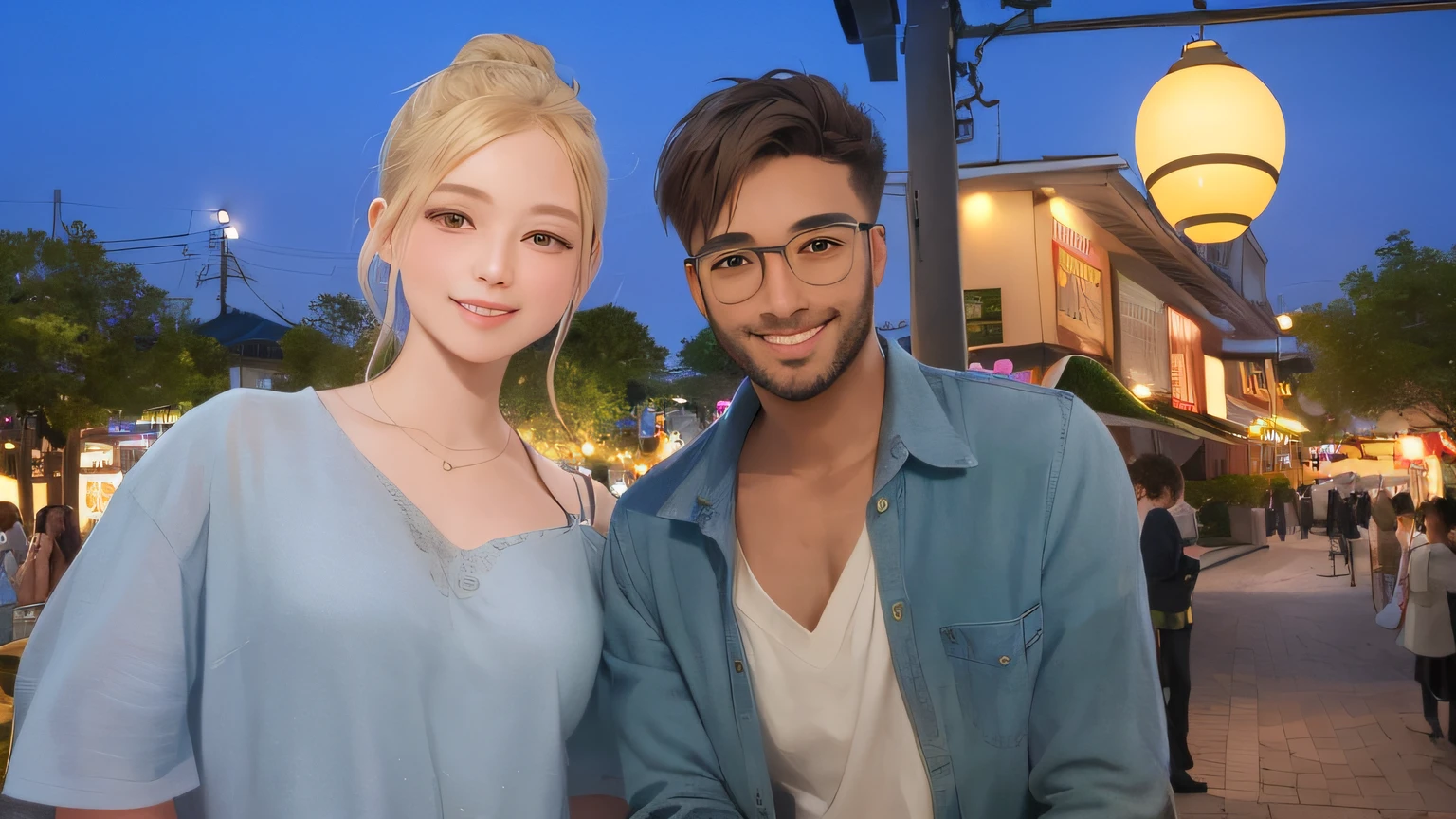 girl and boy, ((1 woman smiling)) ((1 man smiling)), (masterpiece:1.2, best quality), 2 people, blonde girl with green eyes, handsome man with brown hair and brown eyes, girl with a bun, ((man with glasses)), (correct anatomy), a high resolution, (beautiful detailed faces), (detailed beautiful eyes: 1.2), (anatomically correct hands), (detailed 8k wallpaper, masterpiece, best quality, best shadow), (blurry detailed background), (depth of field, blurry, bokeh:1.2), (best illumination, an extremely delicate and beautiful), (male and female), semi-realistic, evening dramatic lighting, sunset,anime style drawing, in the background festival, sunset sky