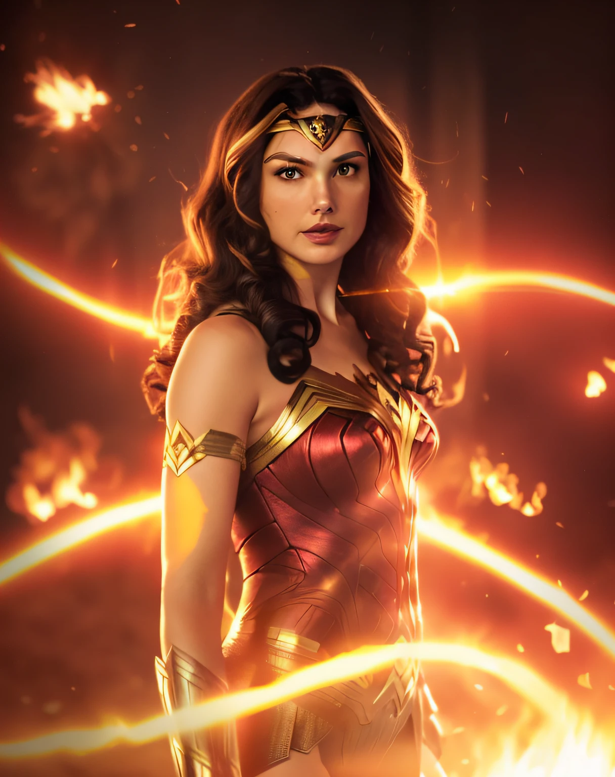 a woman in a red and gold costume standing in front of a fire, gal gadot as hell lord, hybrid of gal gadot, she has fire powers, portrait of wonder woman, face like gal gadot, wonder woman, portrait of modern darna, gal gadot portrait, fireball lighting her face, dressed as wonder woman, gal gadot as wonder woman
