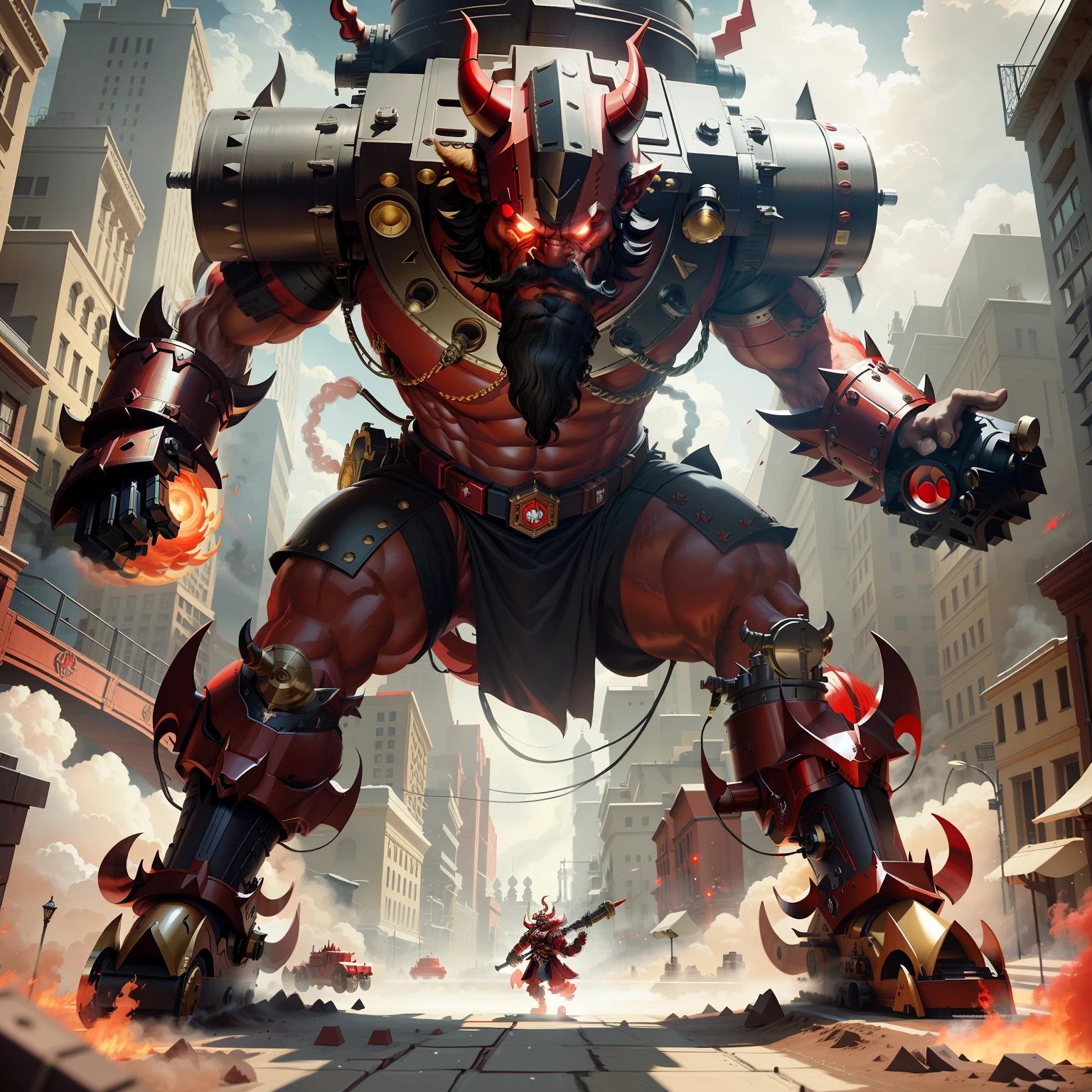 A cover dressed two-horned red humanoid monster that has a cannon for a hand, a big black mustache.moviment camera, cinematic camera, cinematic pose, cinematic light, cinematic shadows, perfet draw, HD , hight quality, isometric, simetric