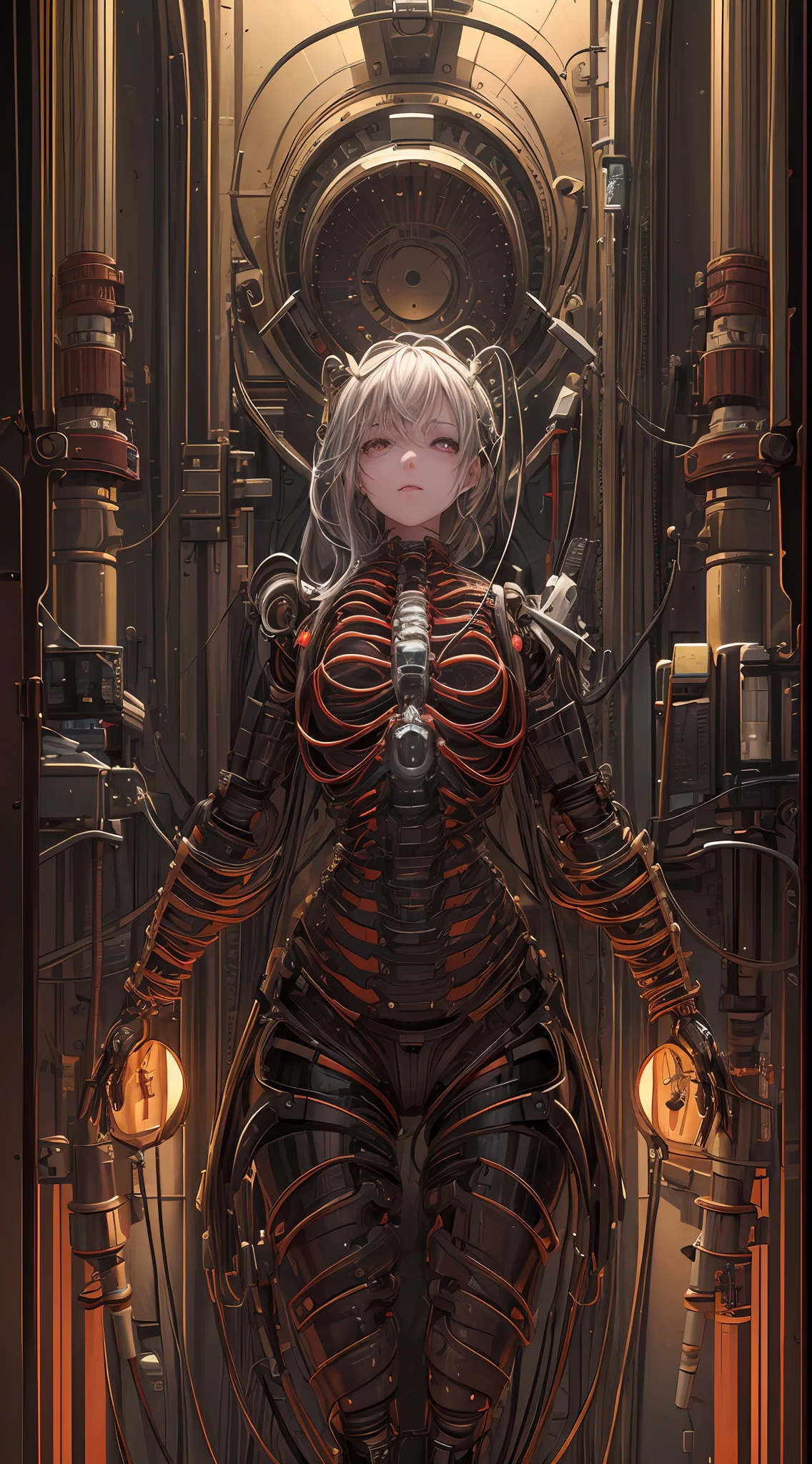 (((masterpiece))), ((best quality)), (ultra-detailed), (CG illustration), (an extremely devious and beautiful)), cinematic light, ((1 mechanical girl)), single, (machine-made joints: 1.4), ((mechanical limbs)), ( blood vessels attached to the tube), ((mechanical spine attached to the back)), ((mechanical cervical vertebrae attached to the neck), ((back to the viewer)), expressionless, (wires and cables attached to the head and body: 1.5), science fiction, apocalypse, ruins