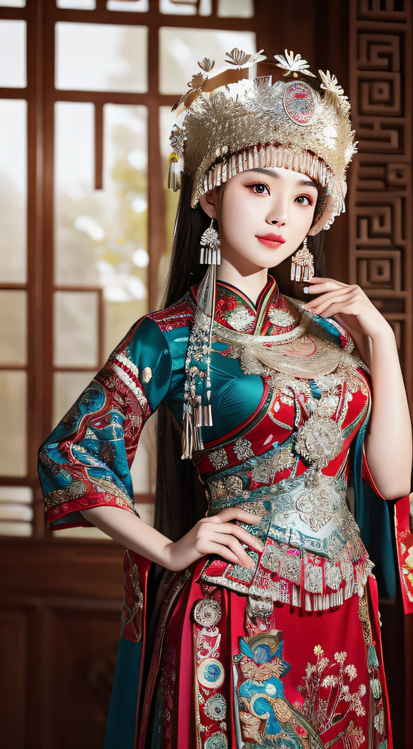 (8k, RAW Photo, Best Quality, Masterpiece: 1.2), (Realistic, Realistic: 1.37), 1 Girl, Aalfi Woman Posing for Photo in Red Dress and Headdress, Gorgeous Role Play, Beautiful Costume, Complex Fantasy Dress, Beautiful Fantasy Queen, Chinese Dress, Complex Dress, Complex Costume, Traditional Beauty, Gorgeous Chinese Model, Chinese Costume, Inspired by Lan Ying, Wearing Gorgeous Costume, Inspired by Puhua, wearing elegant Chinese Xiuhe dress, Chinese wedding dress, Phoenix crown Xia hand, antique bride