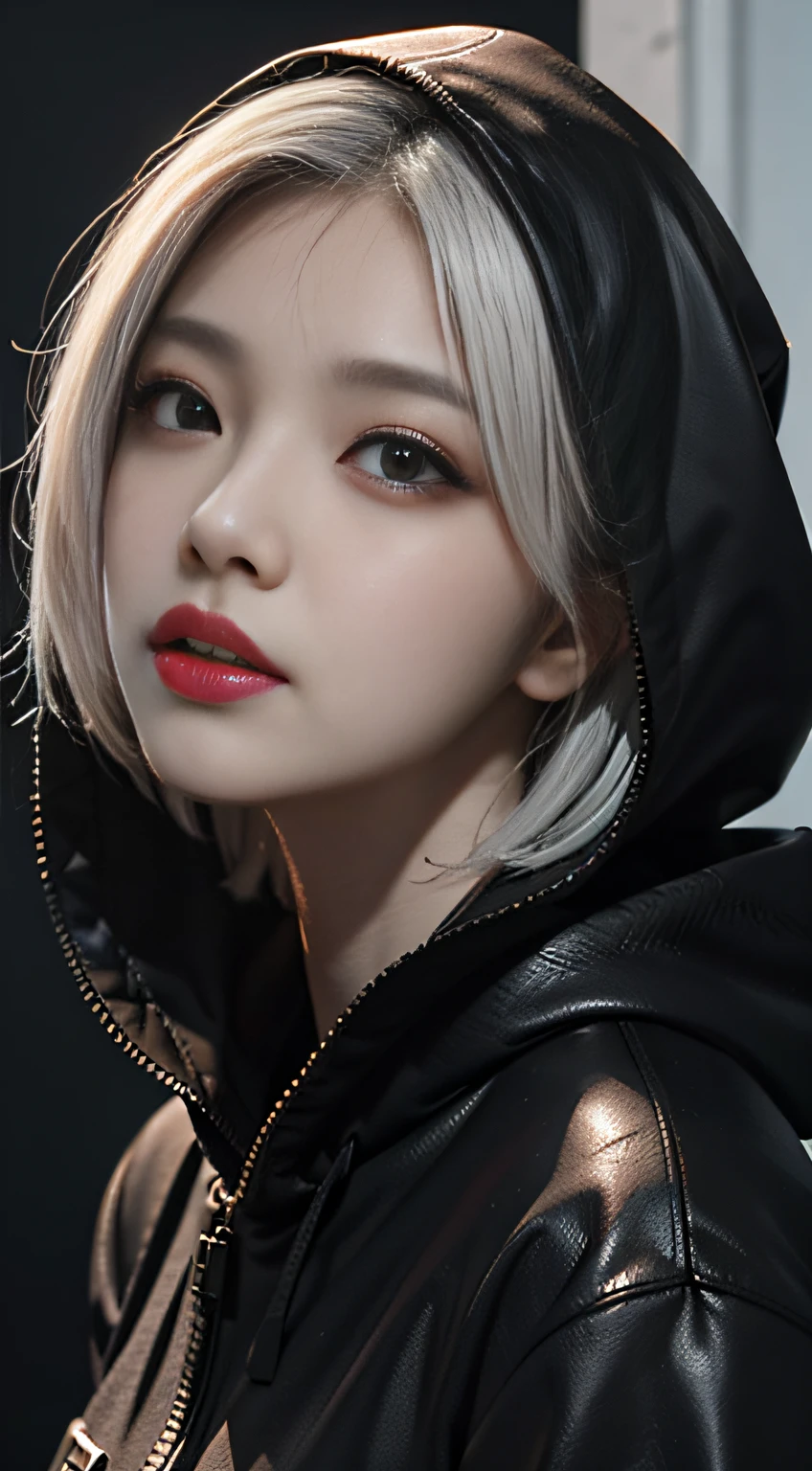 feamle kaneki ken, best quality, more details, masterpiece, 1girl , portrait, close-up, girl focus, red eyes, solo, mask, black nails, bangs, looking at viewer, hood, short hair, black background, hand up, hood up, nail polish, mouth mask, teeth, white hair, black mask, luxurious, 8k, detailed, ray tracing, depth of field, cinematic lighting, blood, tokyo ghoul mask , tokyo ghoul style