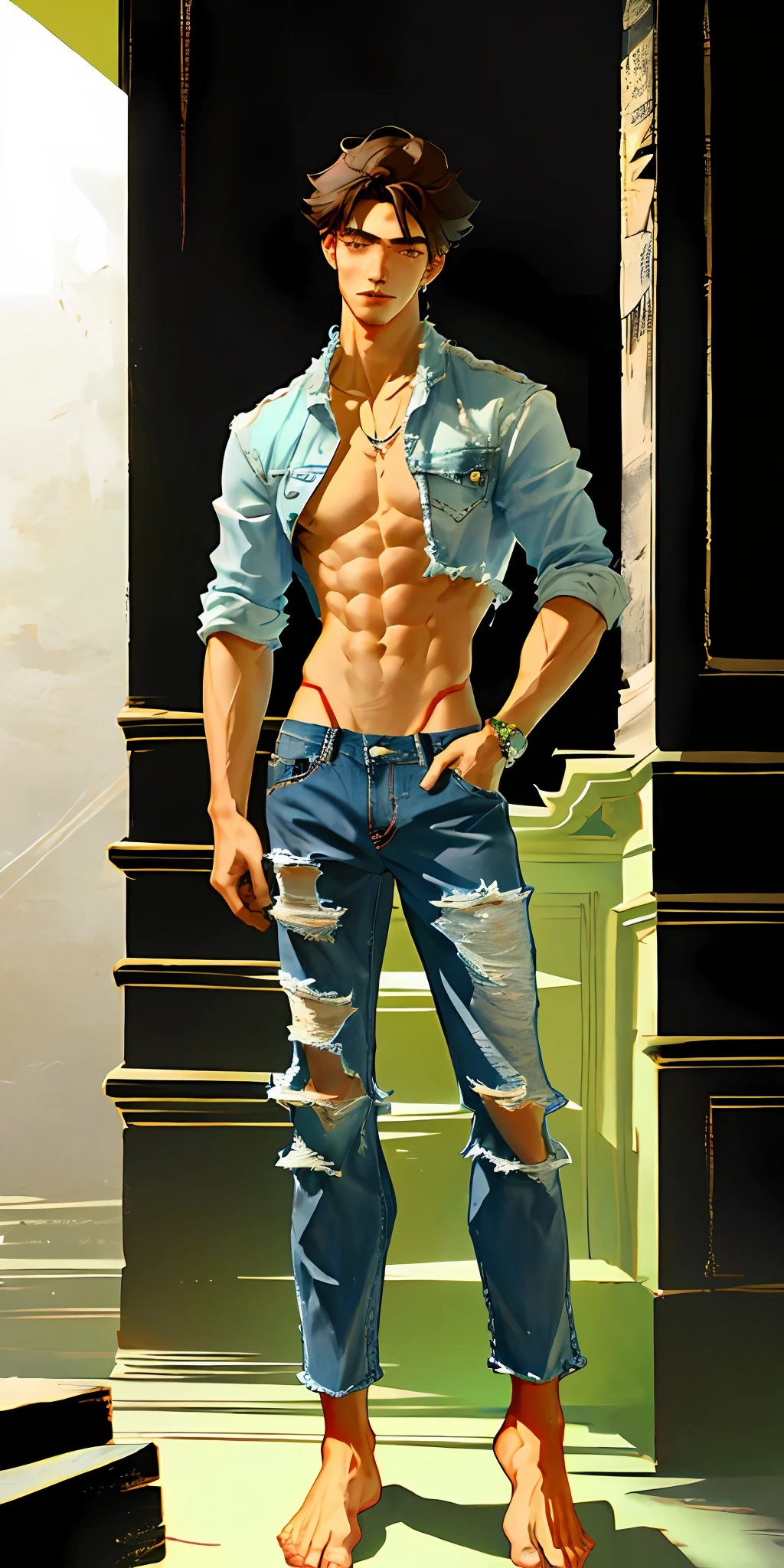 a stunningly beautiful man, age 20, (shirtless and barefoot:1.3), wearing ripped jeans pants, candid pose, (good proportions), vibrant colors, high quality, beautiful lighting, sharp and crisp image, nice and perfect face, highly detailed, well drawn face features, good anatomy, good perspective, beautiful, masterpiece