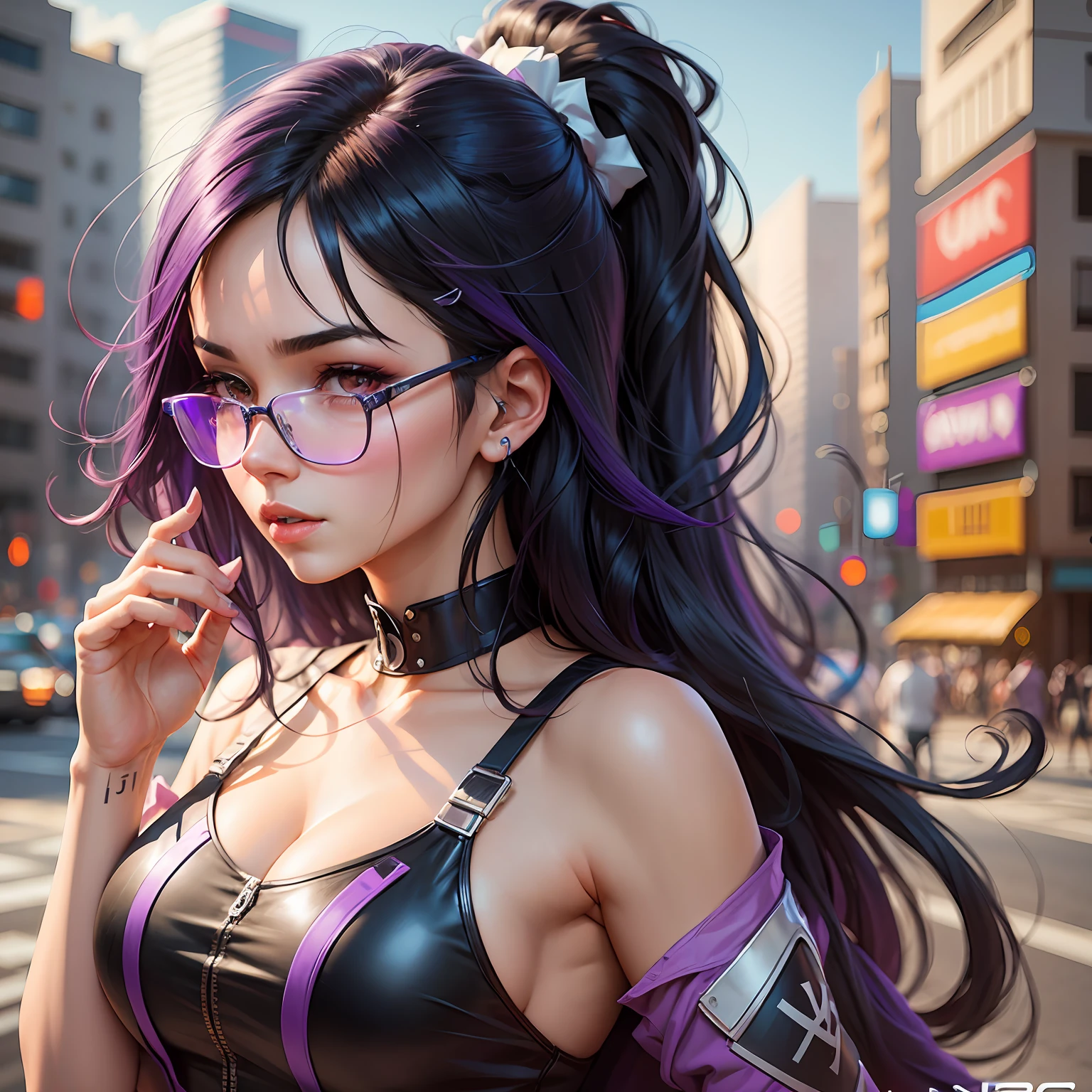 A closeup of a woman with purple and black hair wearing glasses, art in the style of Guweiz, model IG | Artgerm, Artgerm extremely detailed, Ilya Kuvshinov and Artgerm, Ilya Kuvshinov with long hair, Ilya Kuvshinov. 4 k, realistic art style, artgerm. Anime illustration, gamer --auto --s2